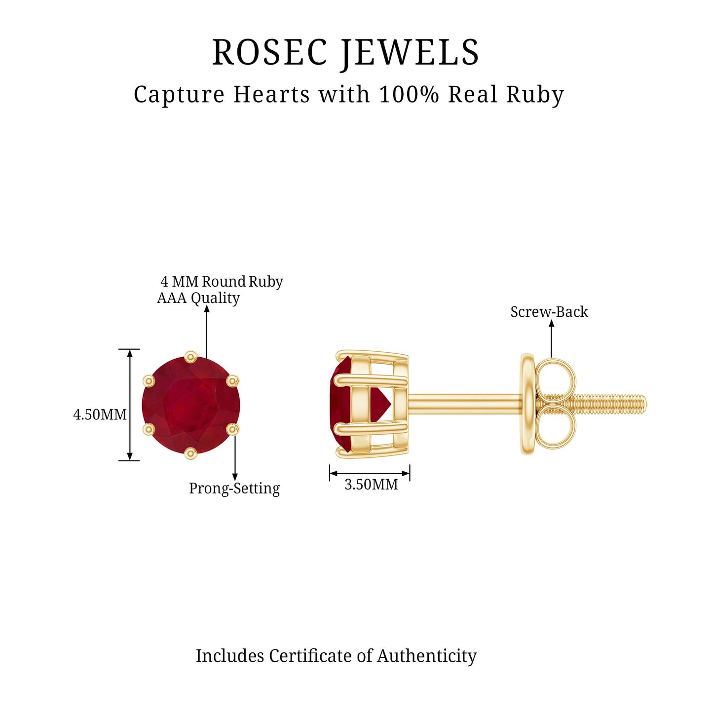 Minimalist Ruby Solitaire Stud Earrings for Women