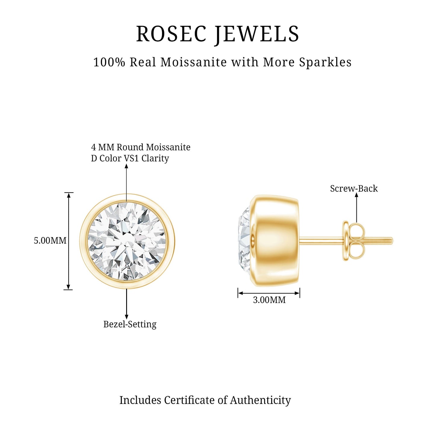 Certified Moissanite Solitaire Stud Earrings in Bezel Setting