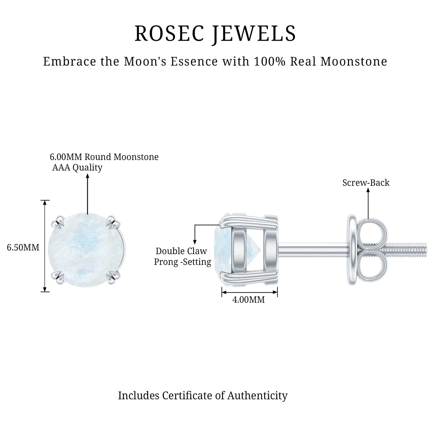 0.74 Carat Moonstone Solitaire Stud Earrings for Women