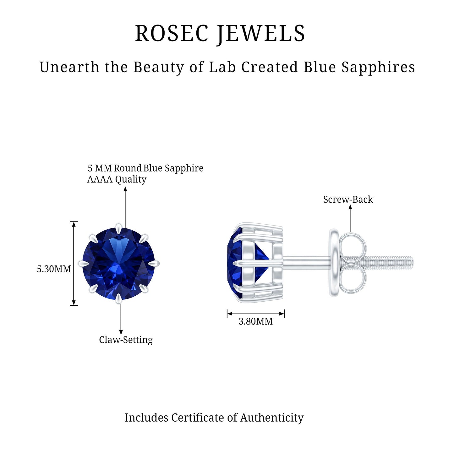 Lab Created Round Blue Sapphire Solitaire Stud Earrings in Claw Setting