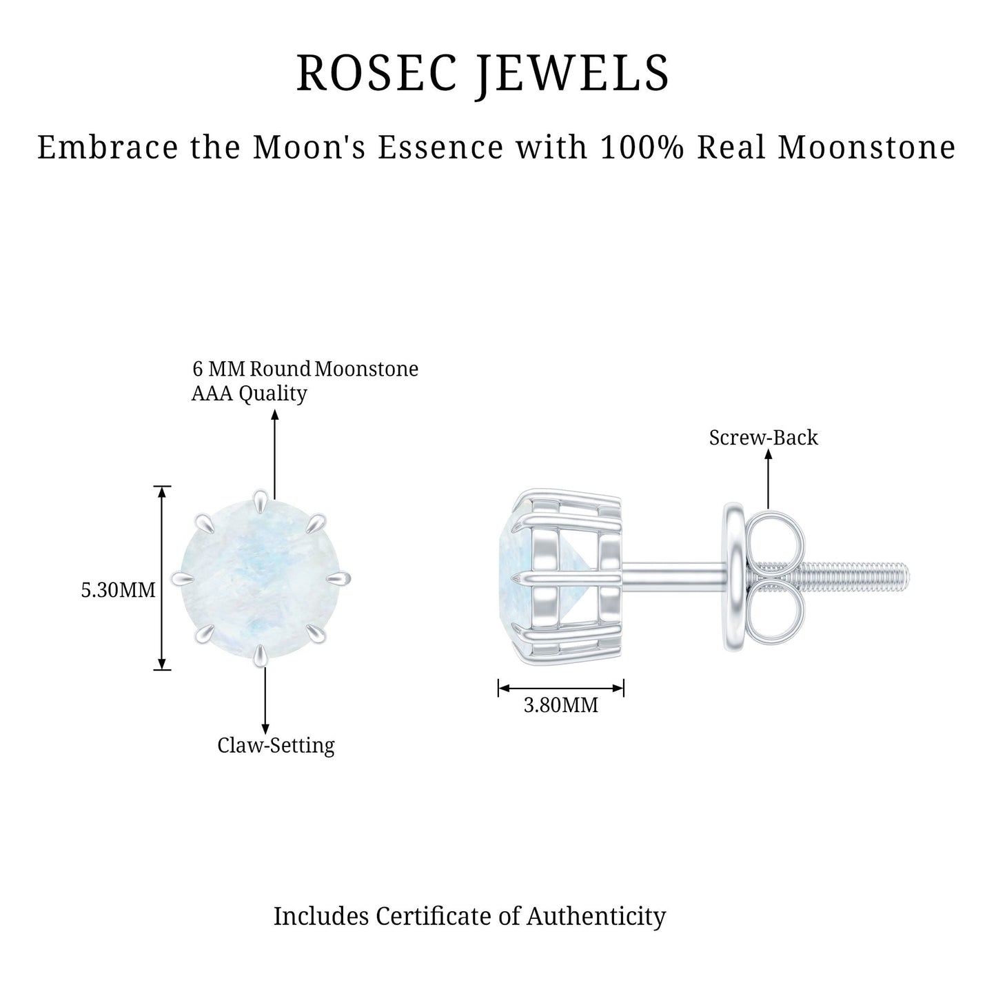 Real 0.7 Carat Moonstone Stud Earrings with Screw Back