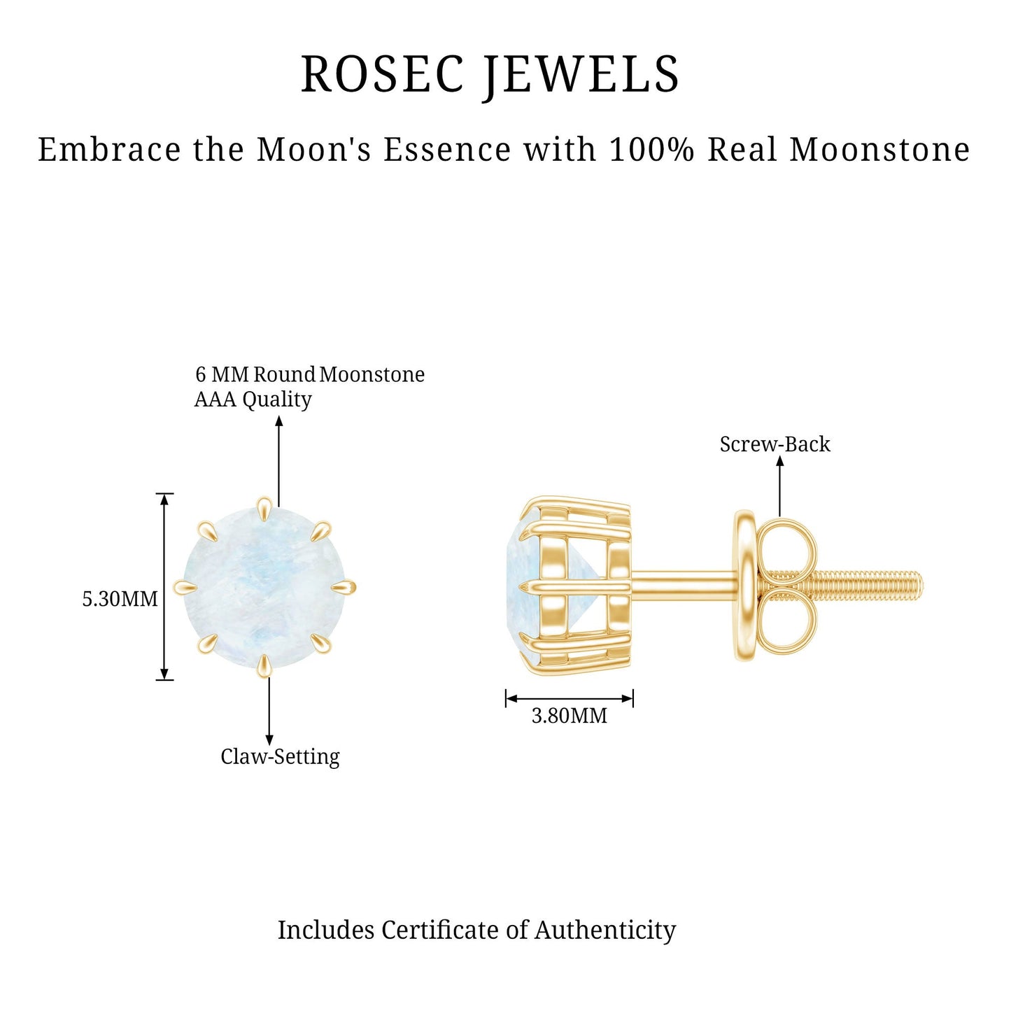 Real 0.7 Carat Moonstone Stud Earrings with Screw Back
