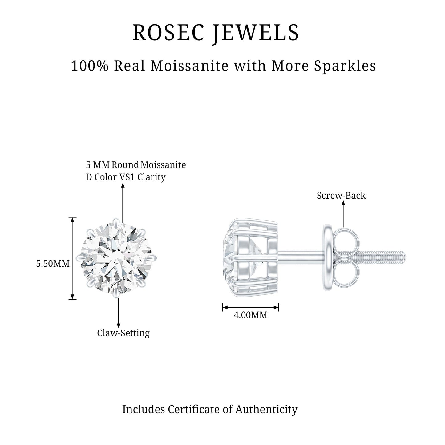 Certified 1 Carat Moissanite Studs