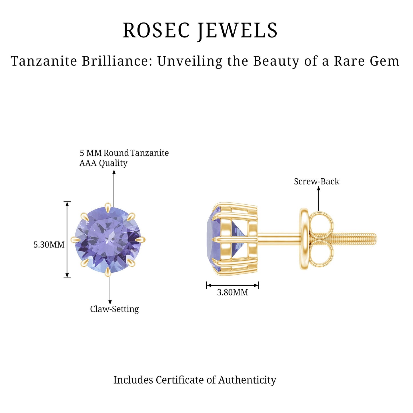 1 Carat Natural Tanzanite Round Stud Earrings for Women