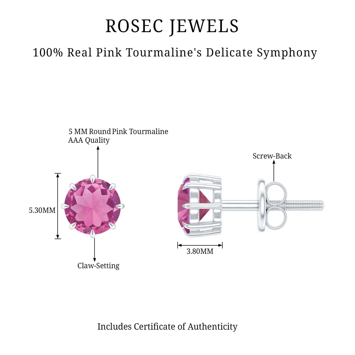 Genuine 0.9 Carat Pink Tourmaline Stud Earrings with Screw Back