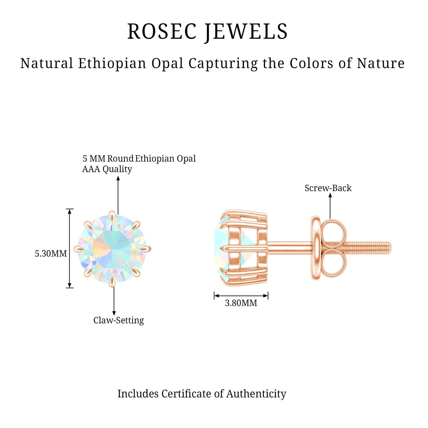 1 Carat Natural Ethiopian Opal Solitaire Stud Earrings