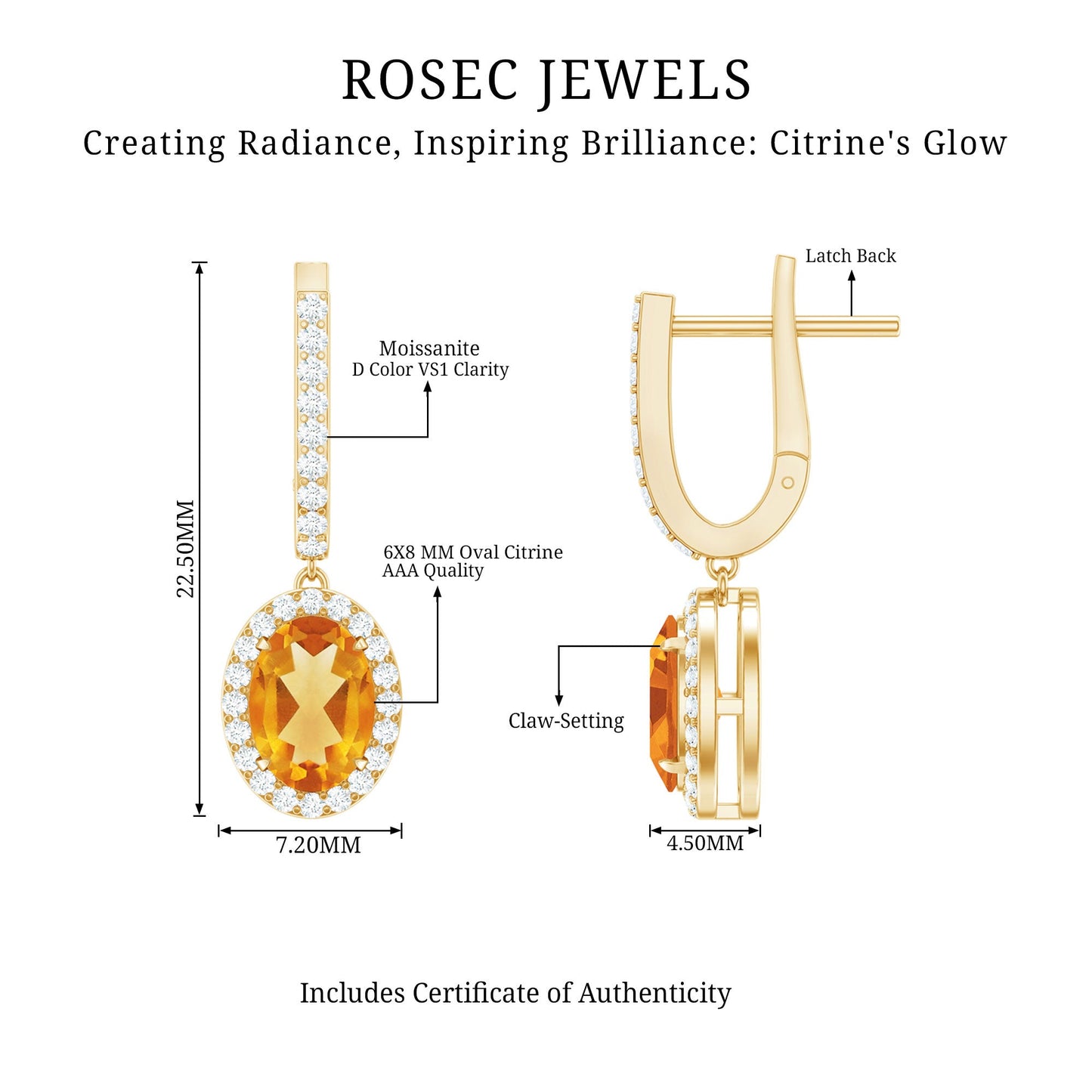 Genuine 2.2 Carat Oval Citrine Drop Earrings with Latch Back
