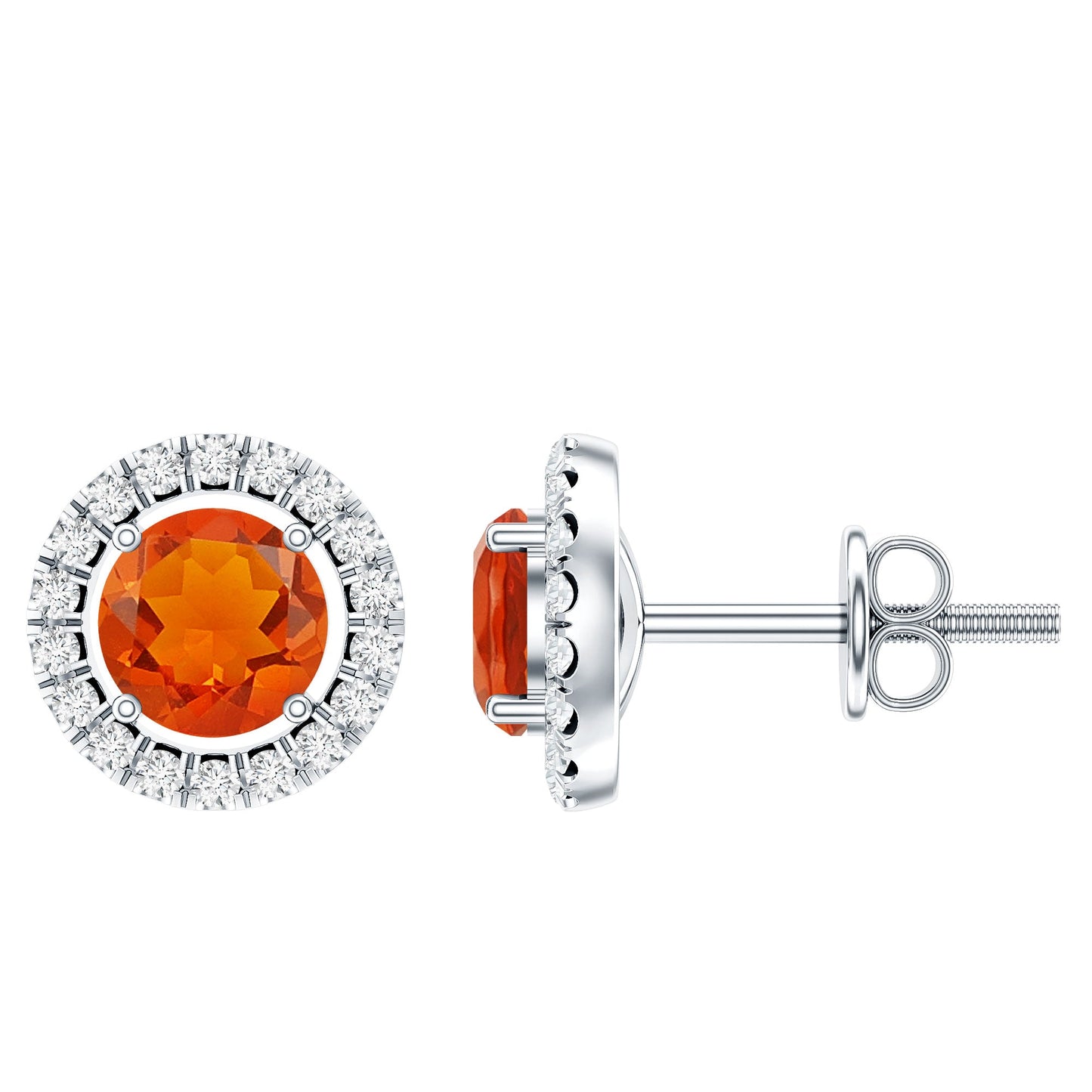 Natural Orange Fire Opal Stud Earrings With Diamonds