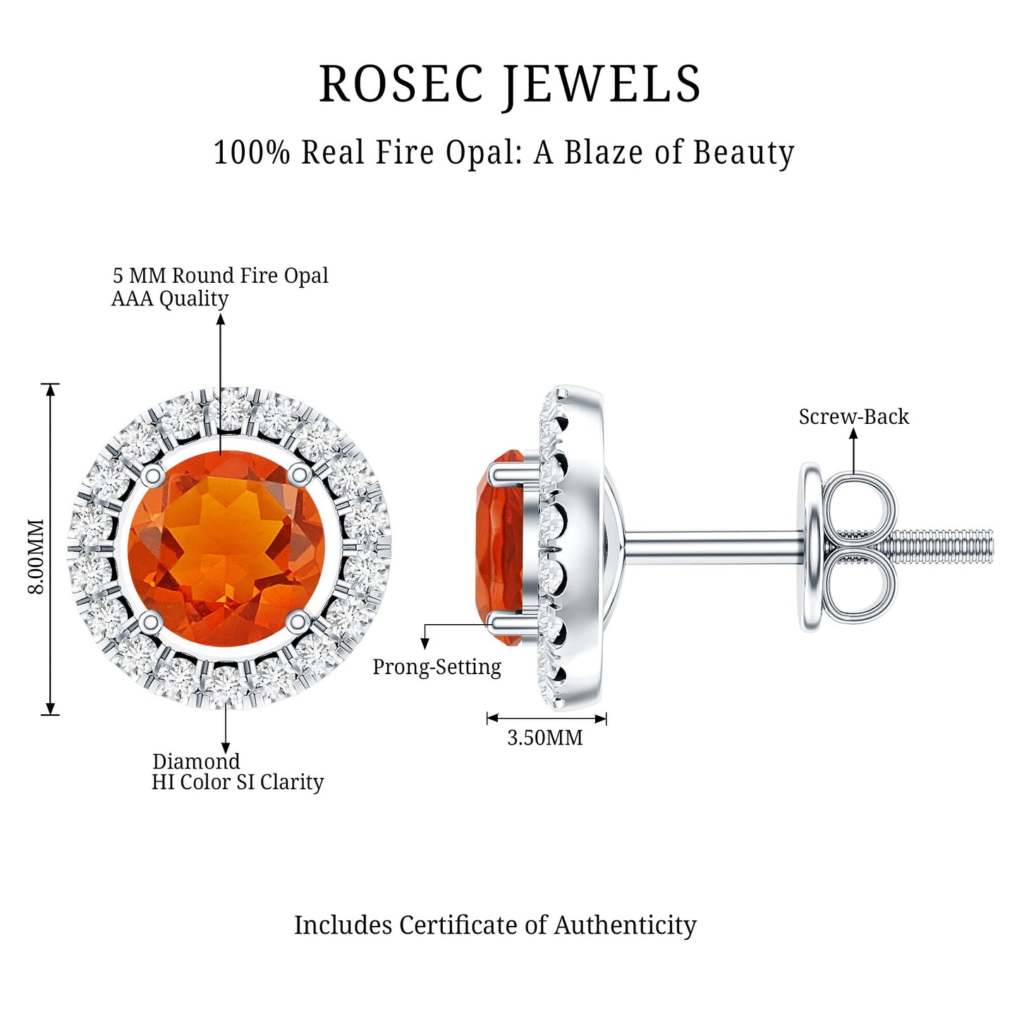 Natural Orange Fire Opal Stud Earrings With Diamonds
