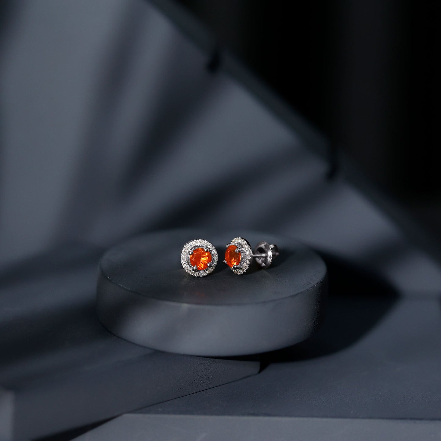 Natural Orange Fire Opal Stud Earrings With Diamonds