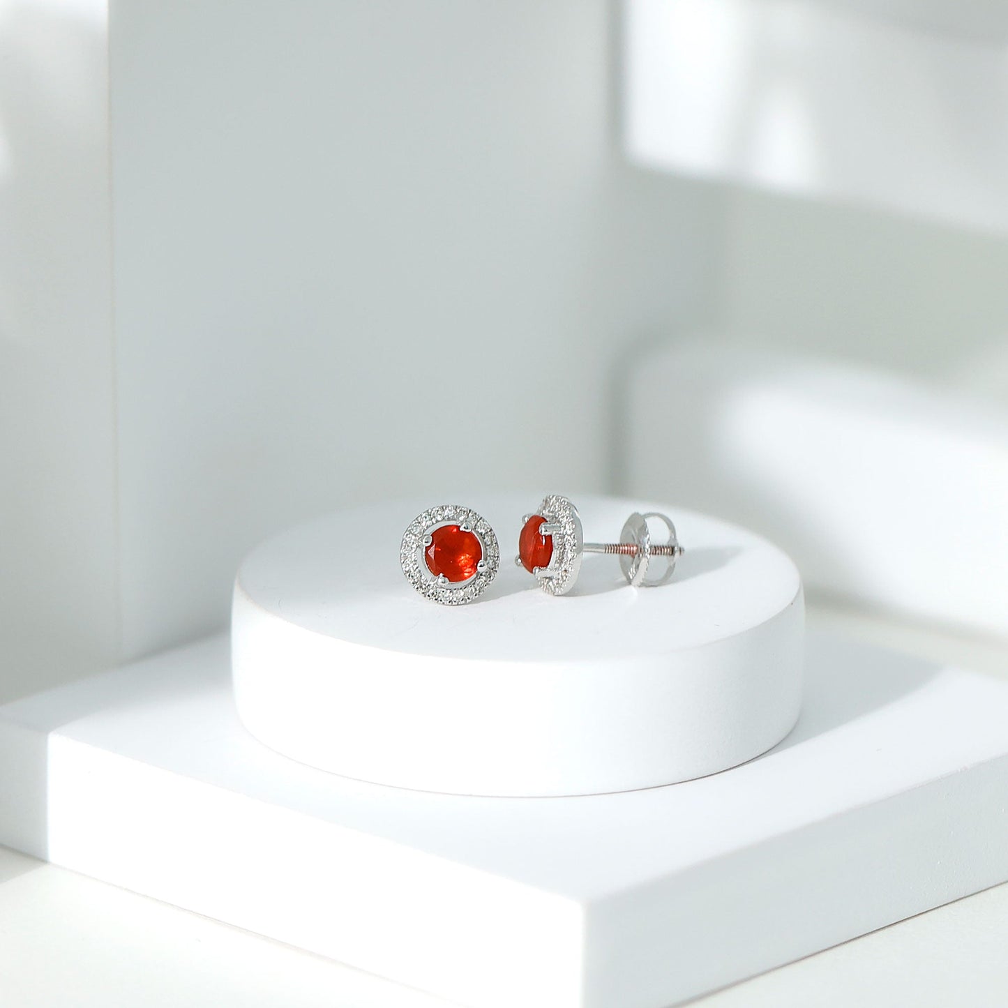 Natural Orange Fire Opal Stud Earrings With Diamonds