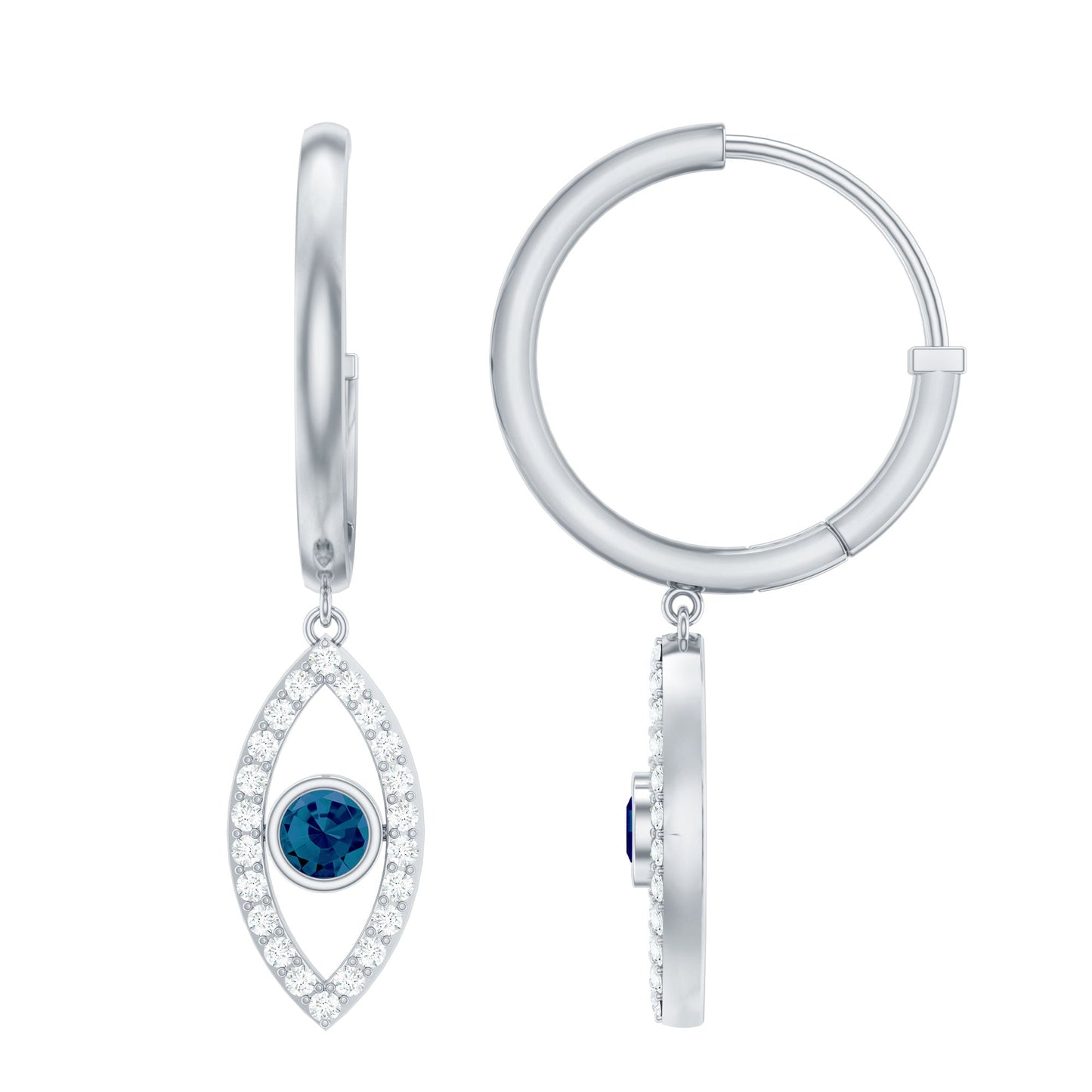 Real London Blue Topaz and Diamond Evil Eye Hoop Earrings