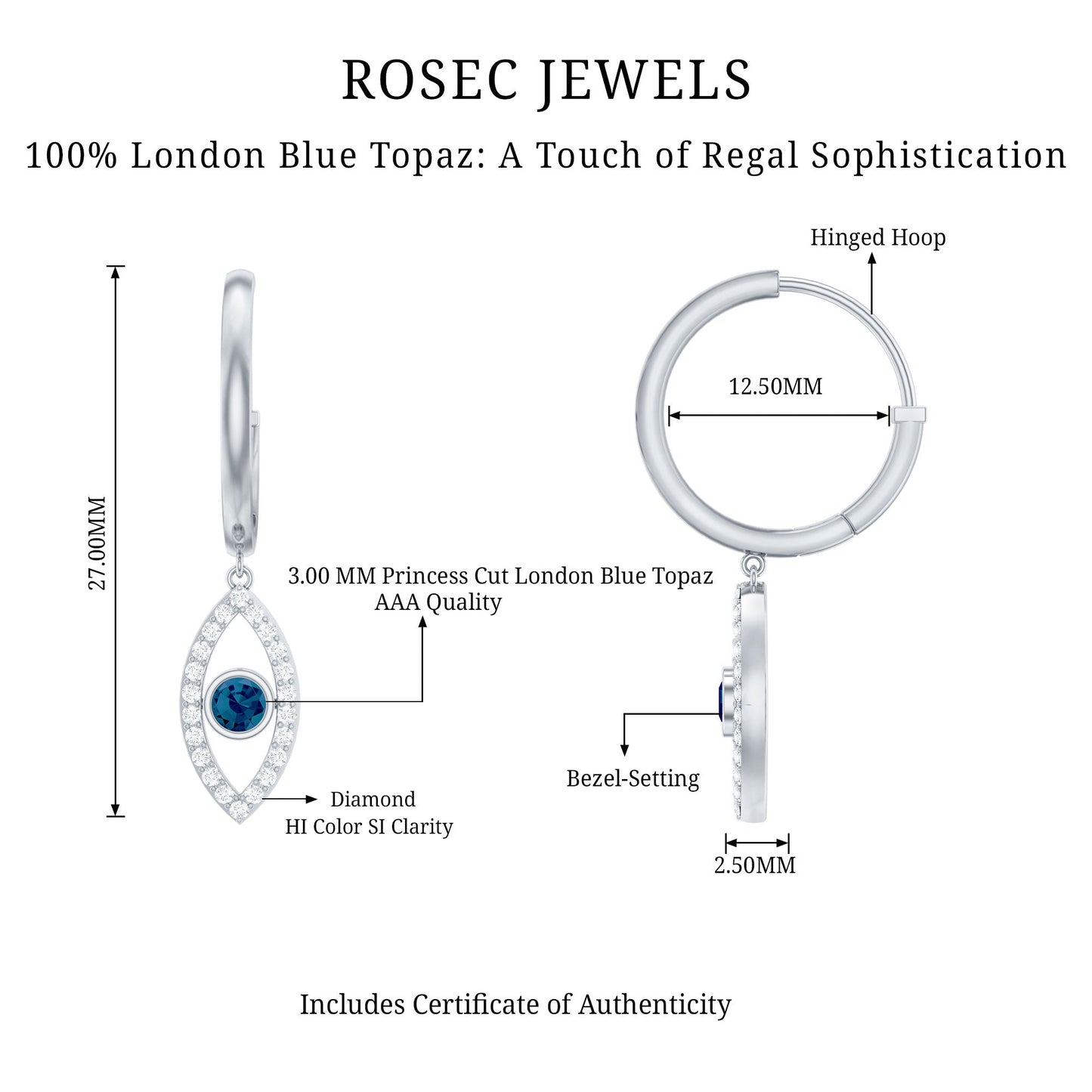 Real London Blue Topaz and Diamond Evil Eye Hoop Earrings