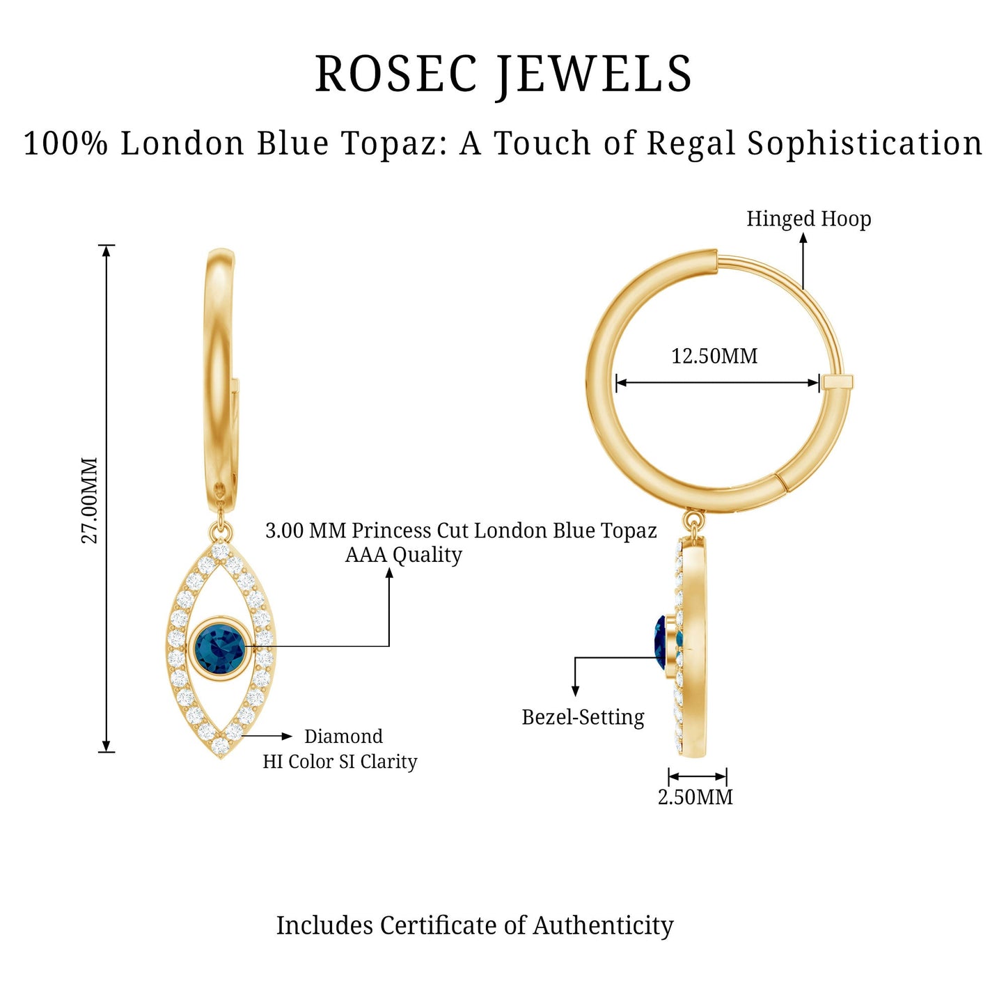 Real London Blue Topaz and Diamond Evil Eye Hoop Earrings