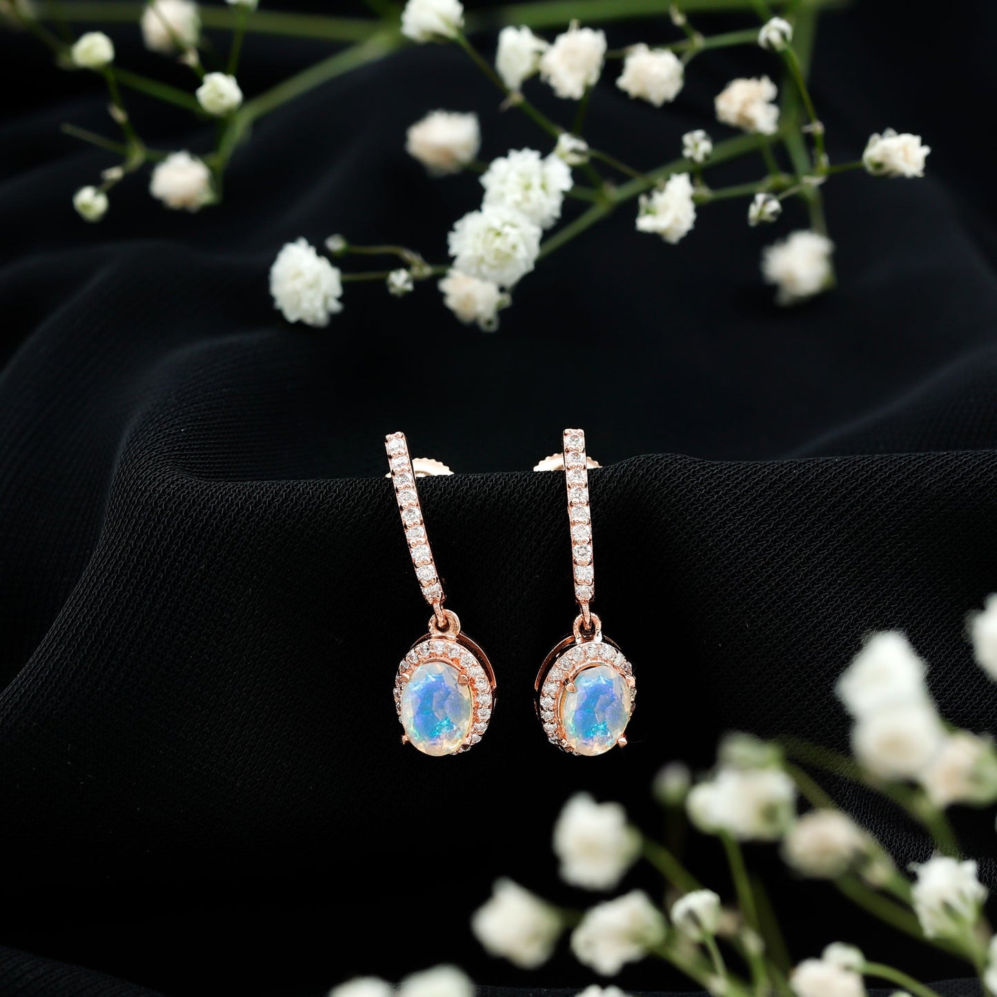 Natural Ethiopian Opal Hoop Drop Earrings with Diamond