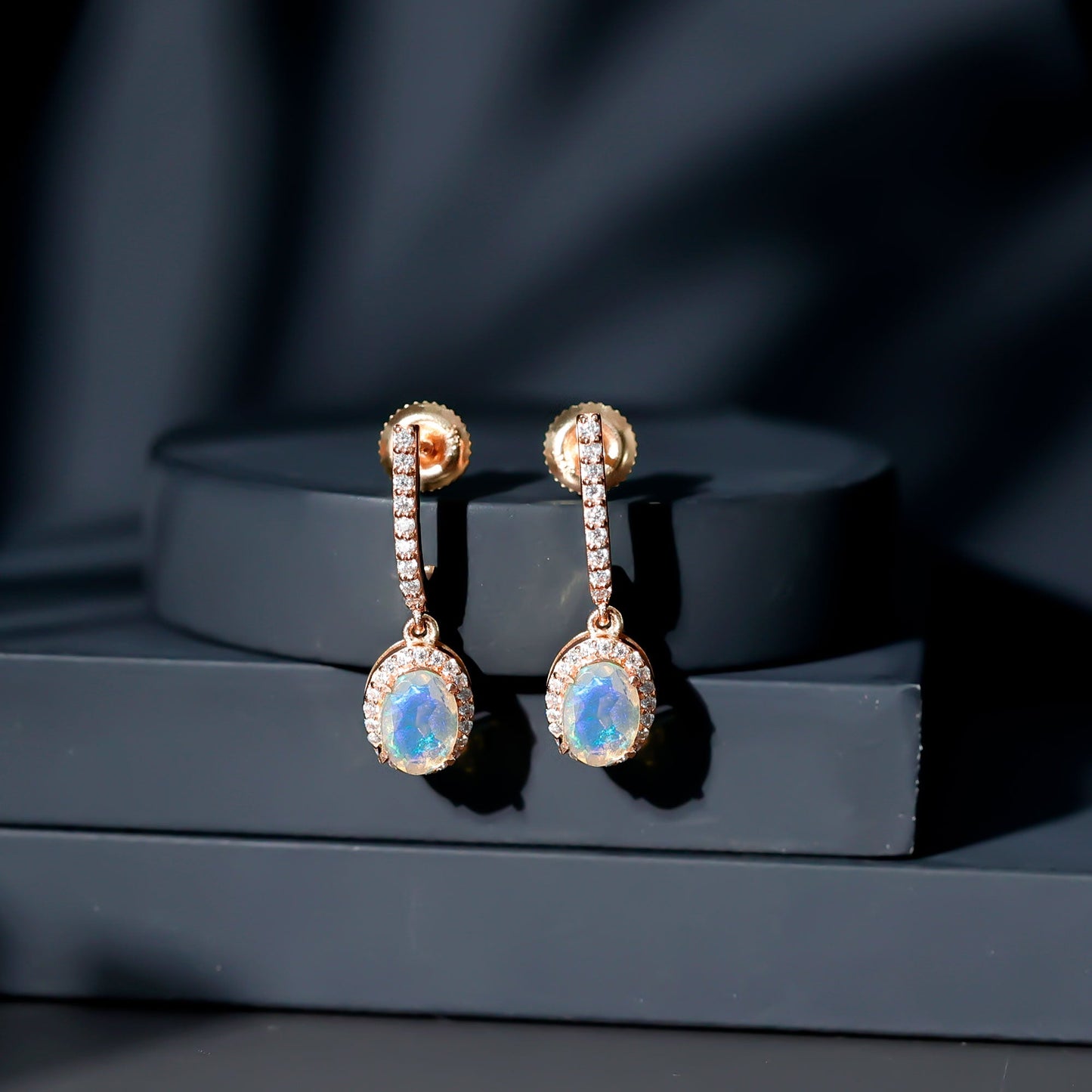 Natural Ethiopian Opal Hoop Drop Earrings with Diamond