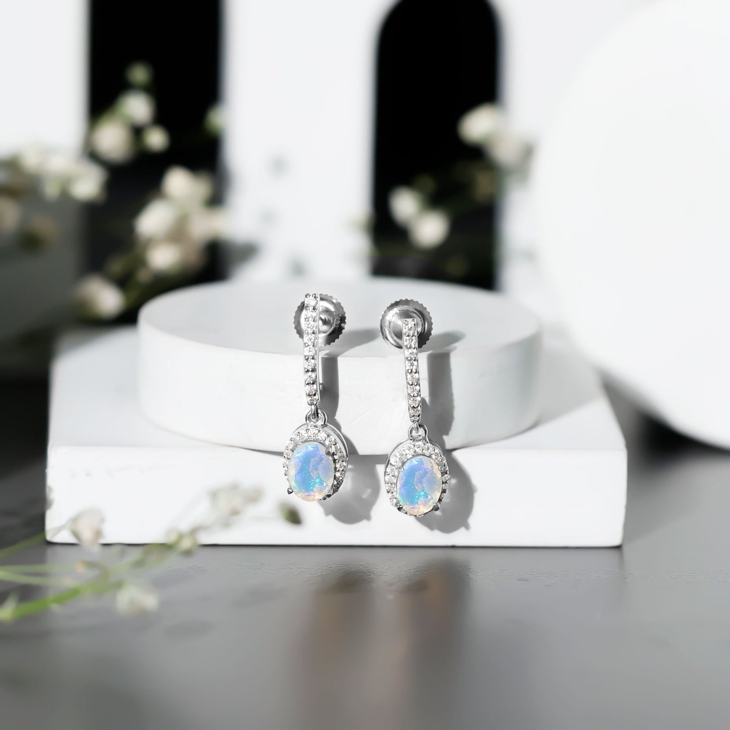 Natural Ethiopian Opal Hoop Drop Earrings with Diamond