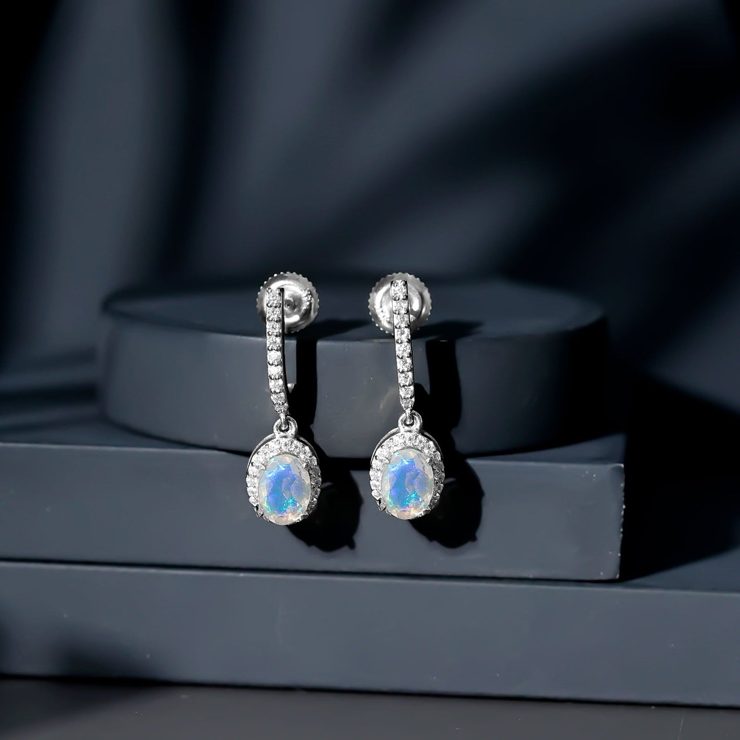 Natural Ethiopian Opal Hoop Drop Earrings with Diamond