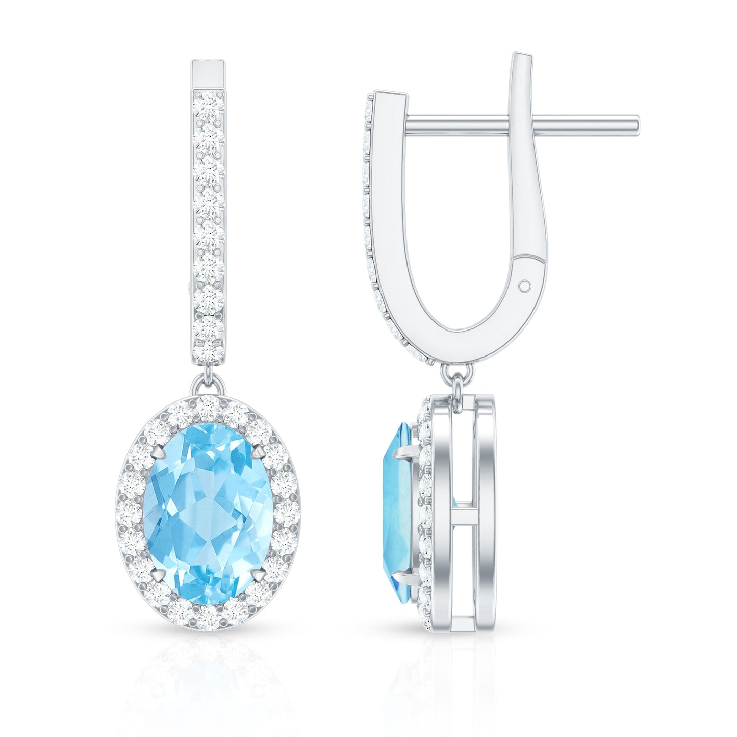 Natural 2.2 Carat Oval Aquamarine Drop Earrings with Diamond Halo