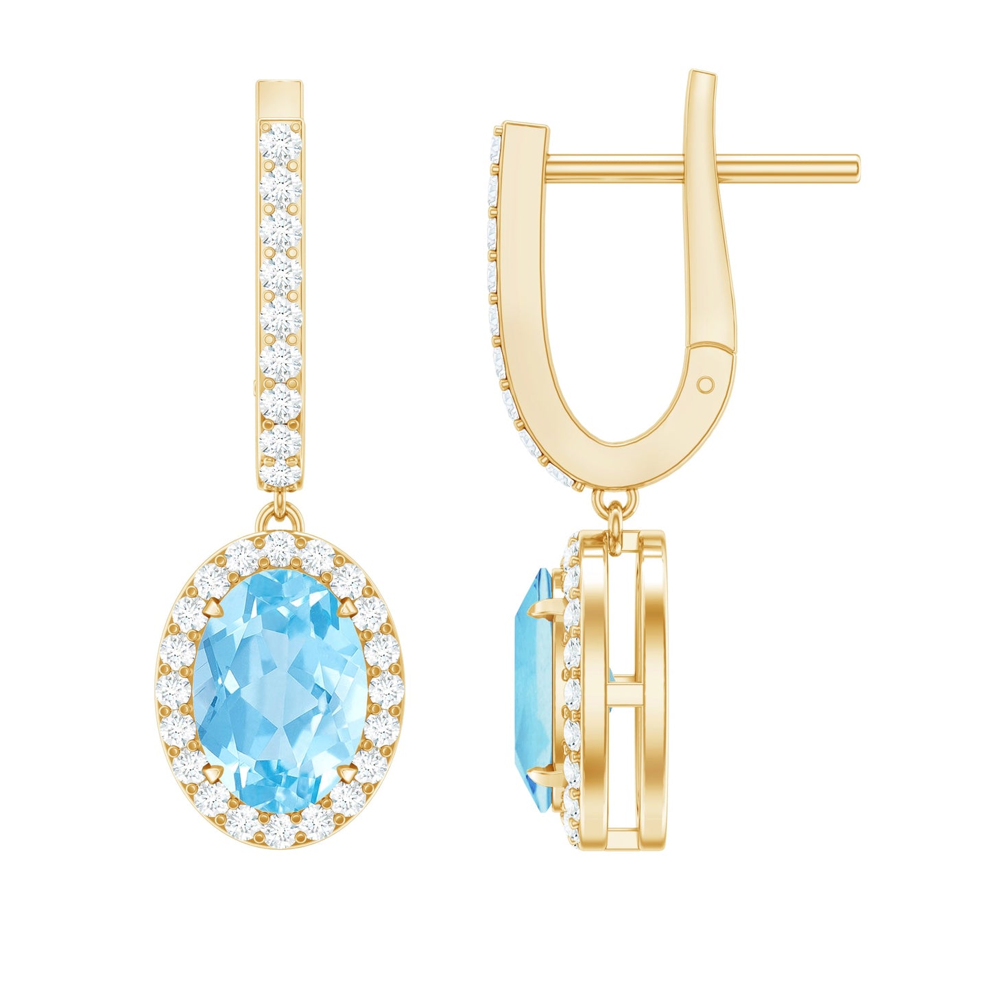 Natural 2.2 Carat Oval Aquamarine Drop Earrings with Diamond Halo