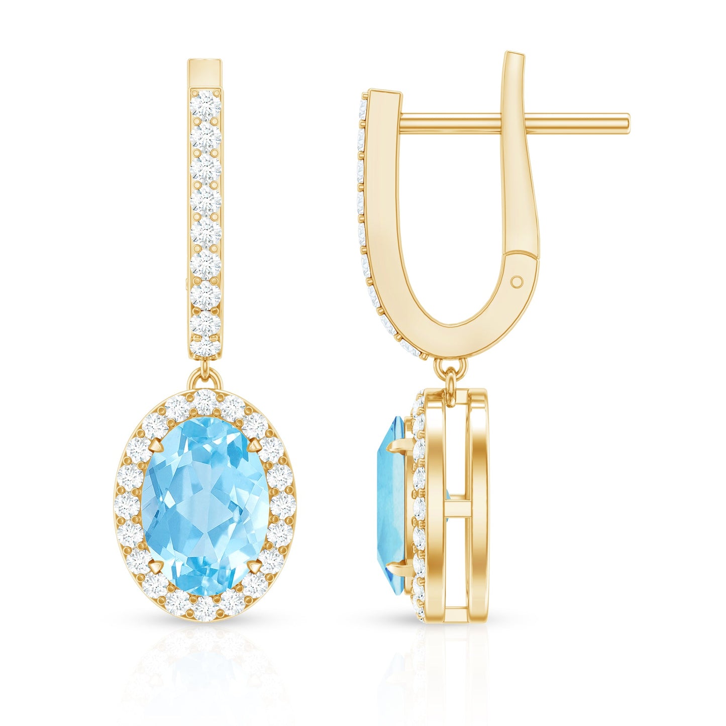 Natural 2.2 Carat Oval Aquamarine Drop Earrings with Diamond Halo