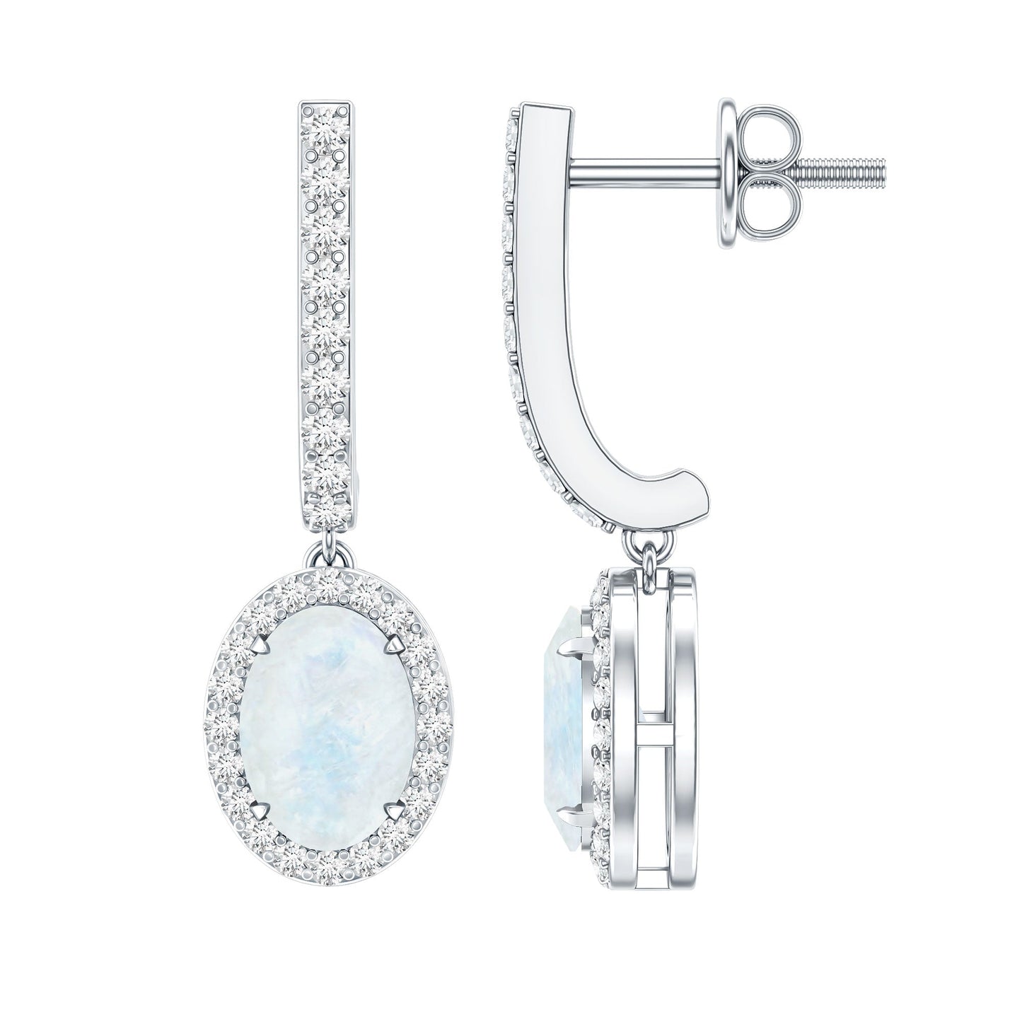 Genuine 1.2 Carat Oval Moonstone Drop Hoop Earrings with Diamond