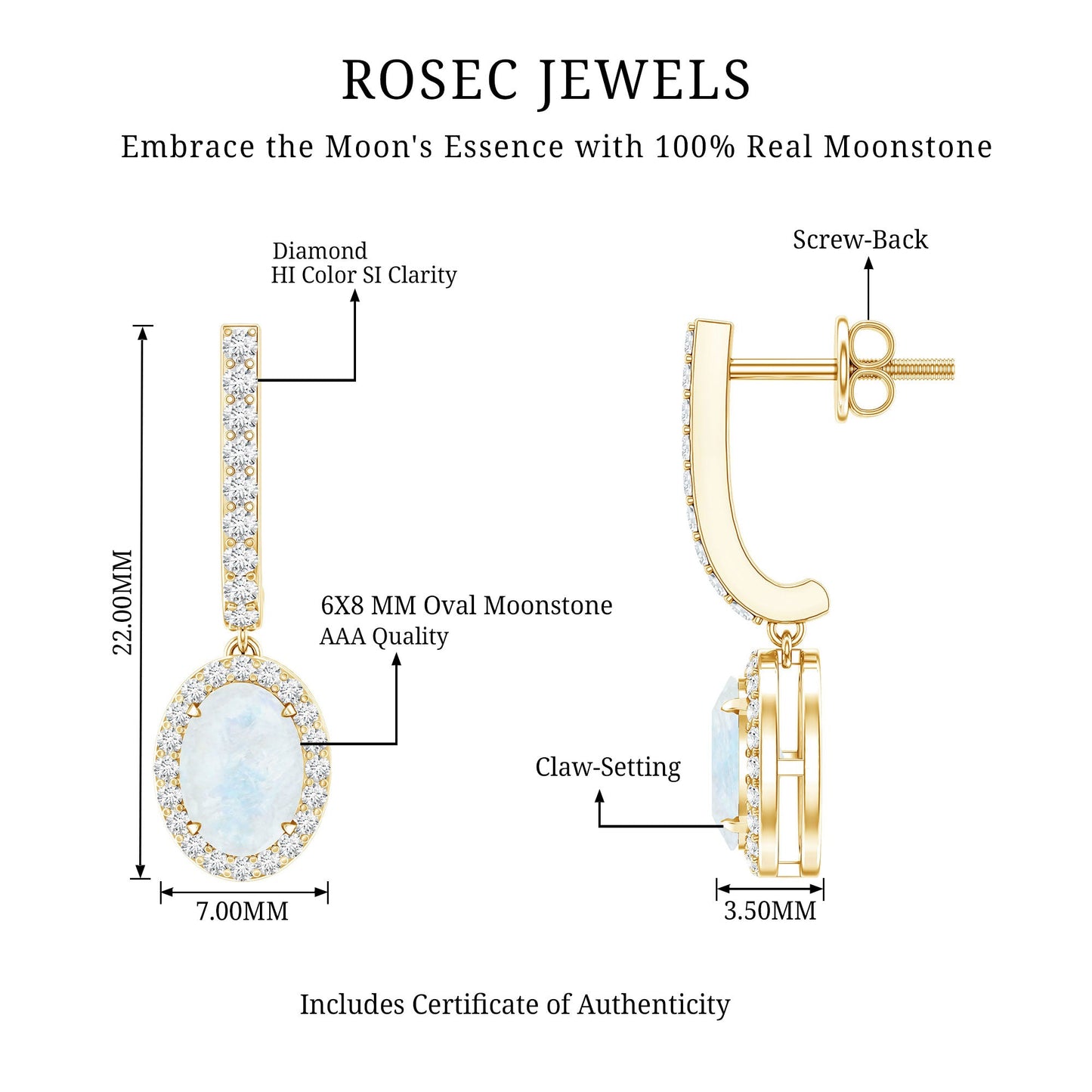 Genuine 1.2 Carat Oval Moonstone Drop Hoop Earrings with Diamond