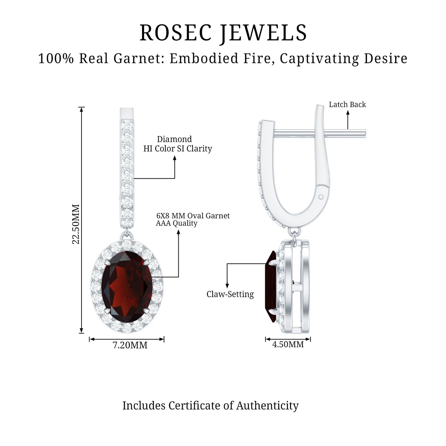 Oval Garnet and Diamond Hoop Drop Earrings with Latch Back