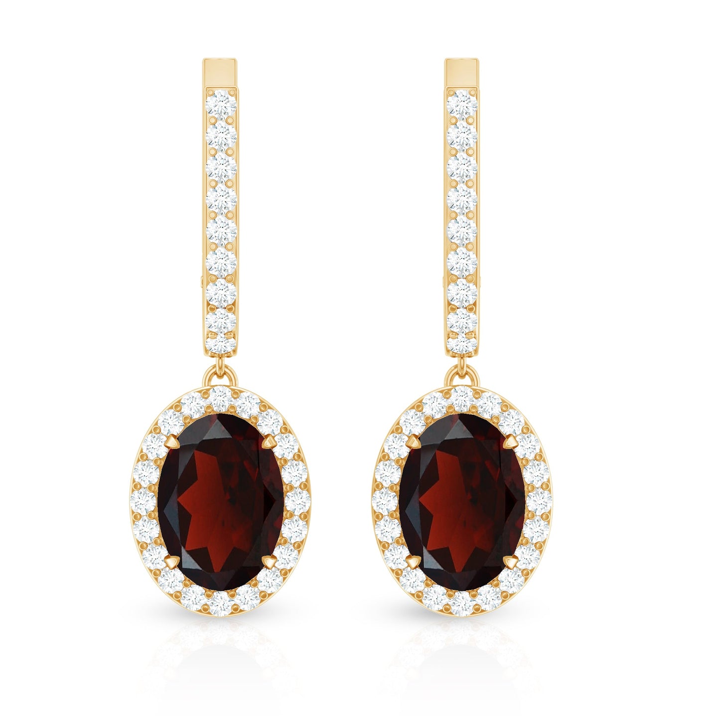 Oval Garnet and Diamond Hoop Drop Earrings with Latch Back