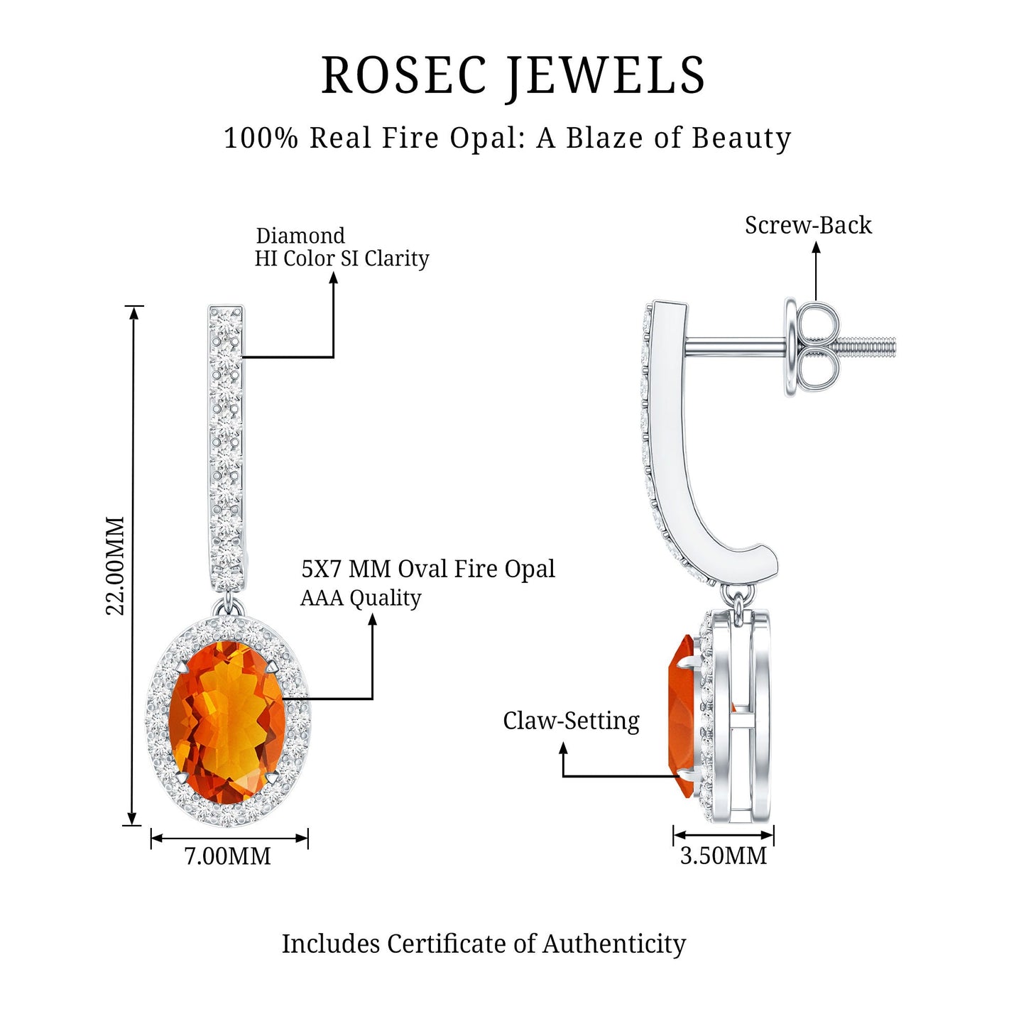 1.3 Carat Natural Oval Fire Opal Diamond Drop Earrings with Latch Back