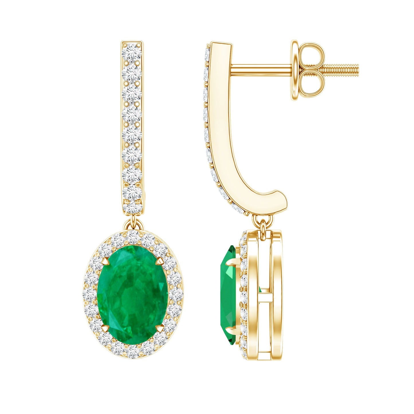 Oval Shape Emerald Hoop Drop Earrings with Diamond Halo
