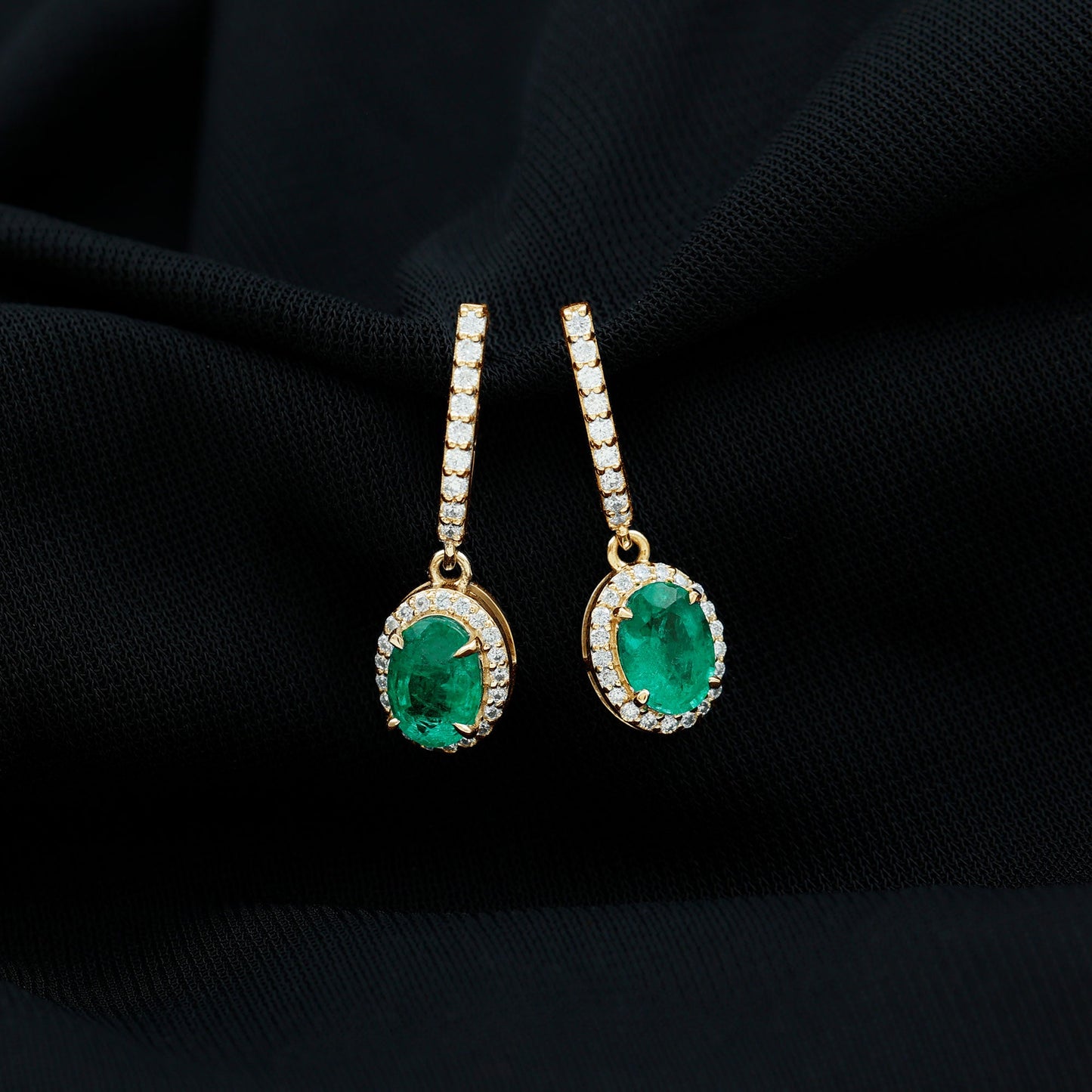 Oval Shape Emerald Hoop Drop Earrings with Diamond Halo