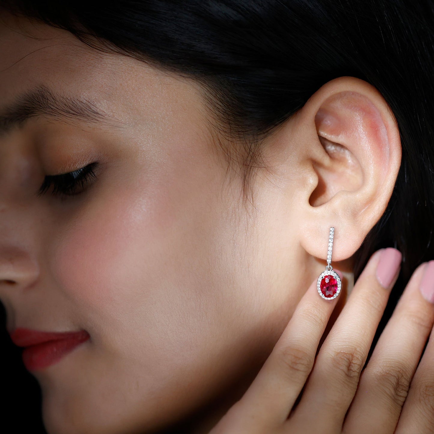 3 Carat Oval Lab Created Ruby Bridal Hoop Earrings with Diamond Halo