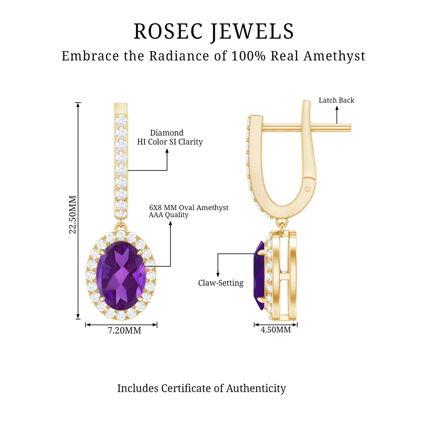 Natural Oval Amethyst Hoop Drop Earrings with Diamond Halo