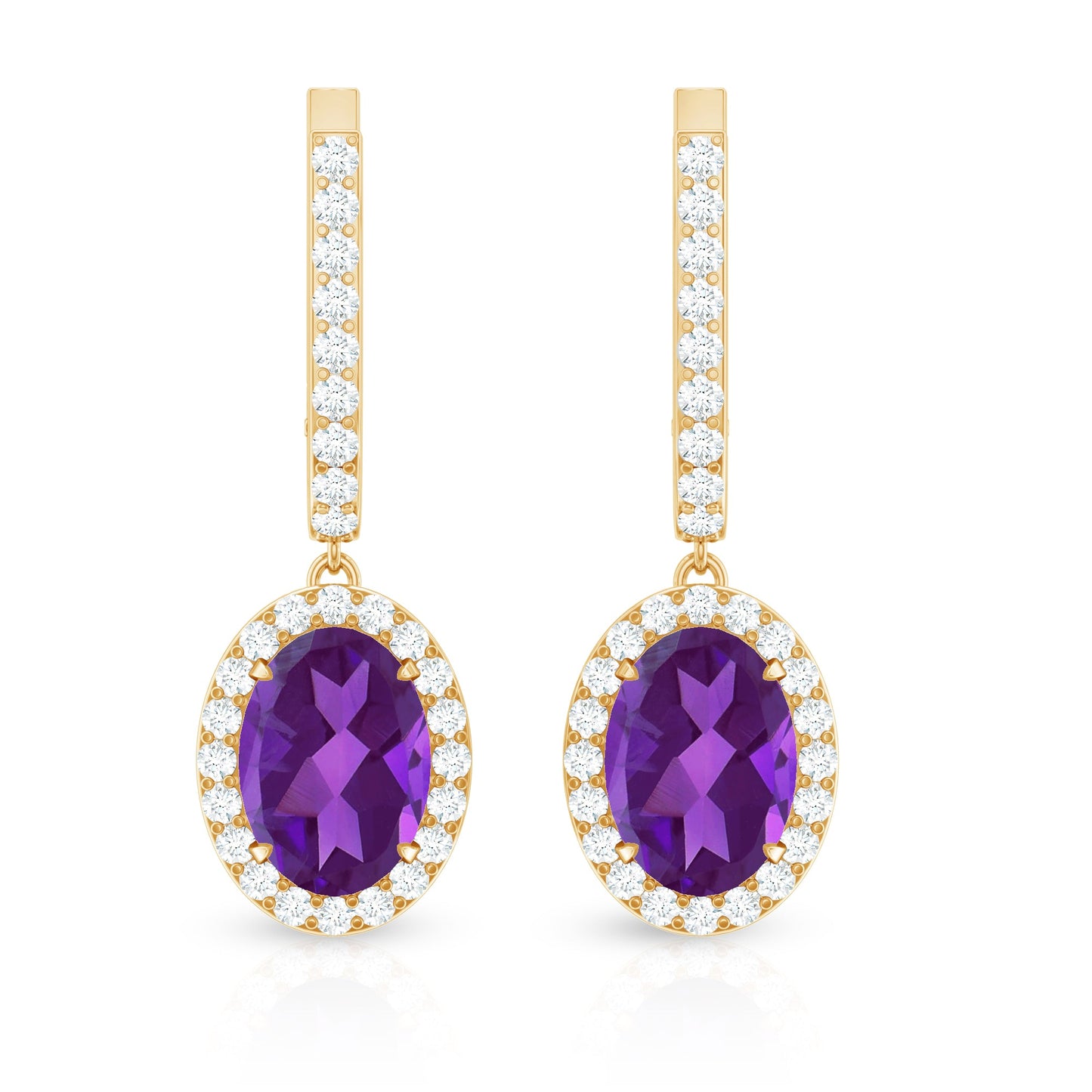 Natural Oval Amethyst Hoop Drop Earrings with Diamond Halo