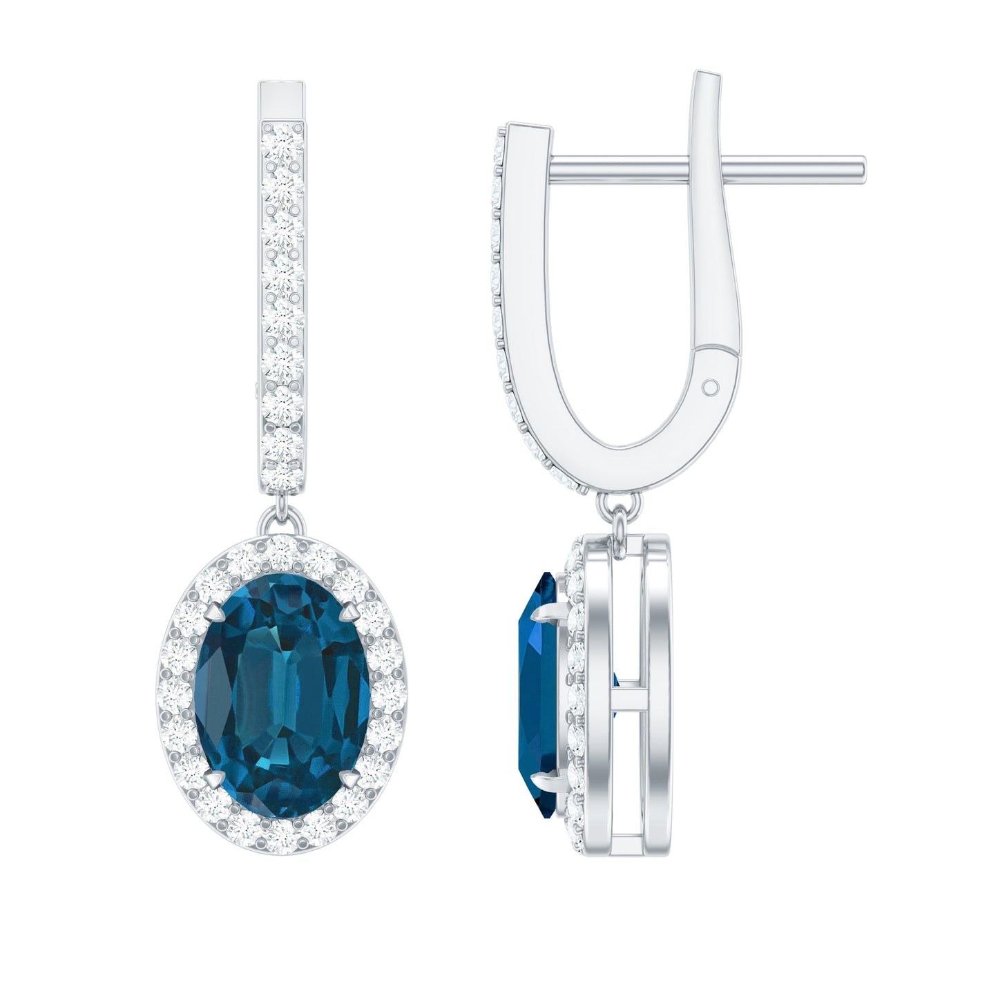 2.2 Carat Oval London Blue Topaz and Diamond Hoop Drop Earrings