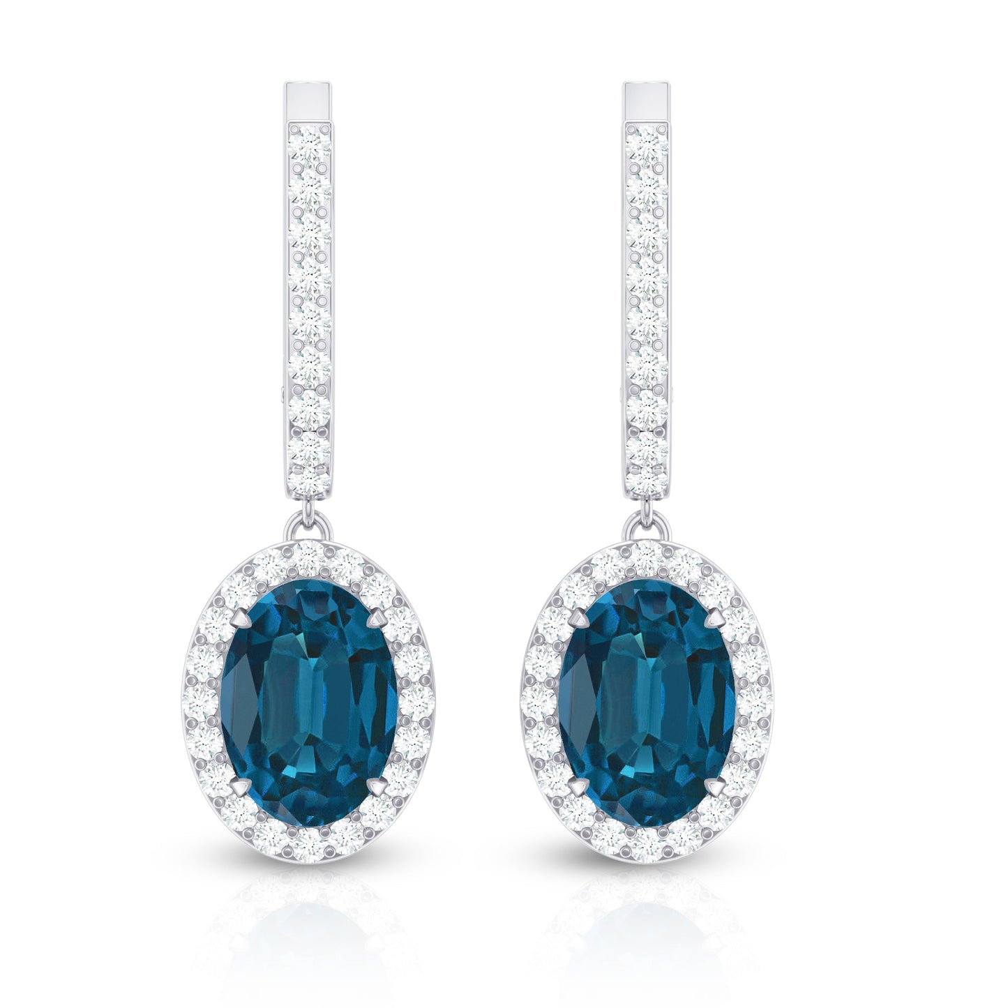 2.2 Carat Oval London Blue Topaz and Diamond Hoop Drop Earrings