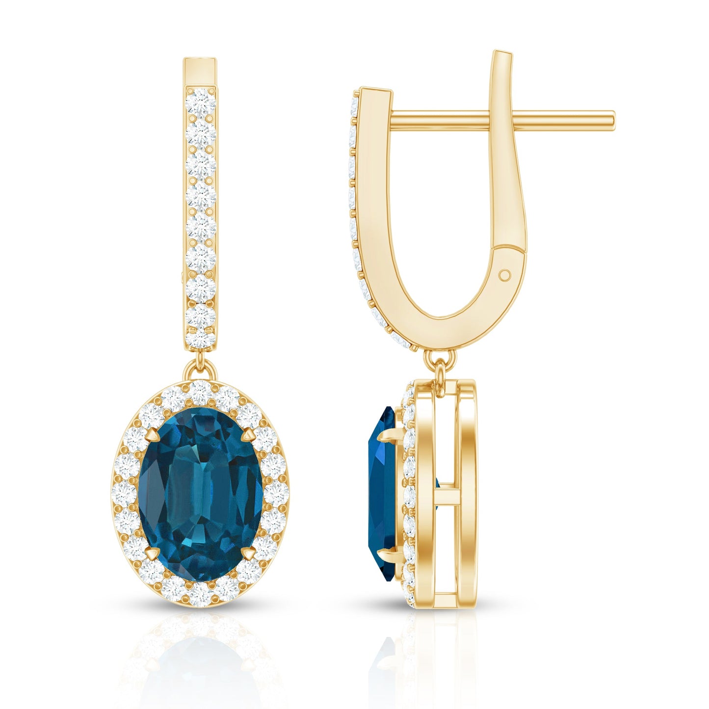 2.2 Carat Oval London Blue Topaz and Diamond Hoop Drop Earrings