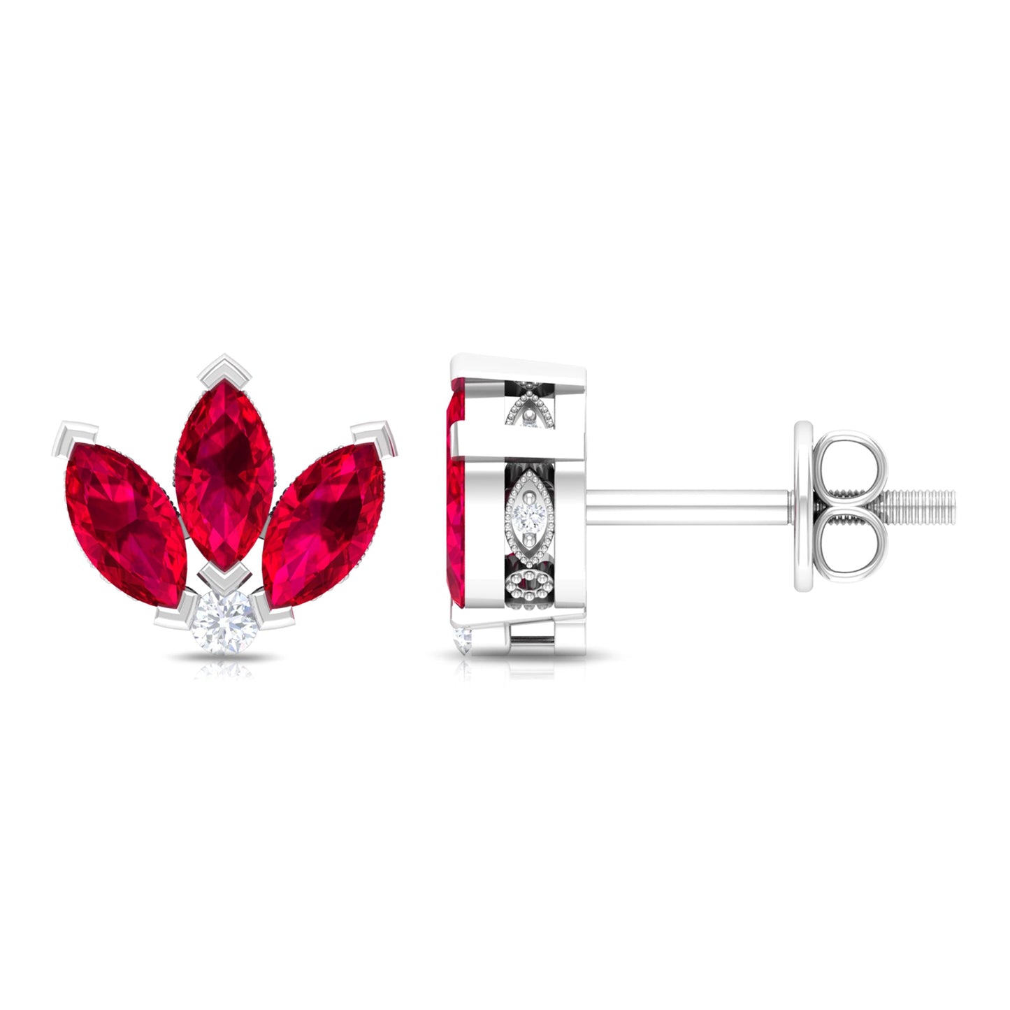 Lab Created Ruby Lotus Stud Earrings with Diamond