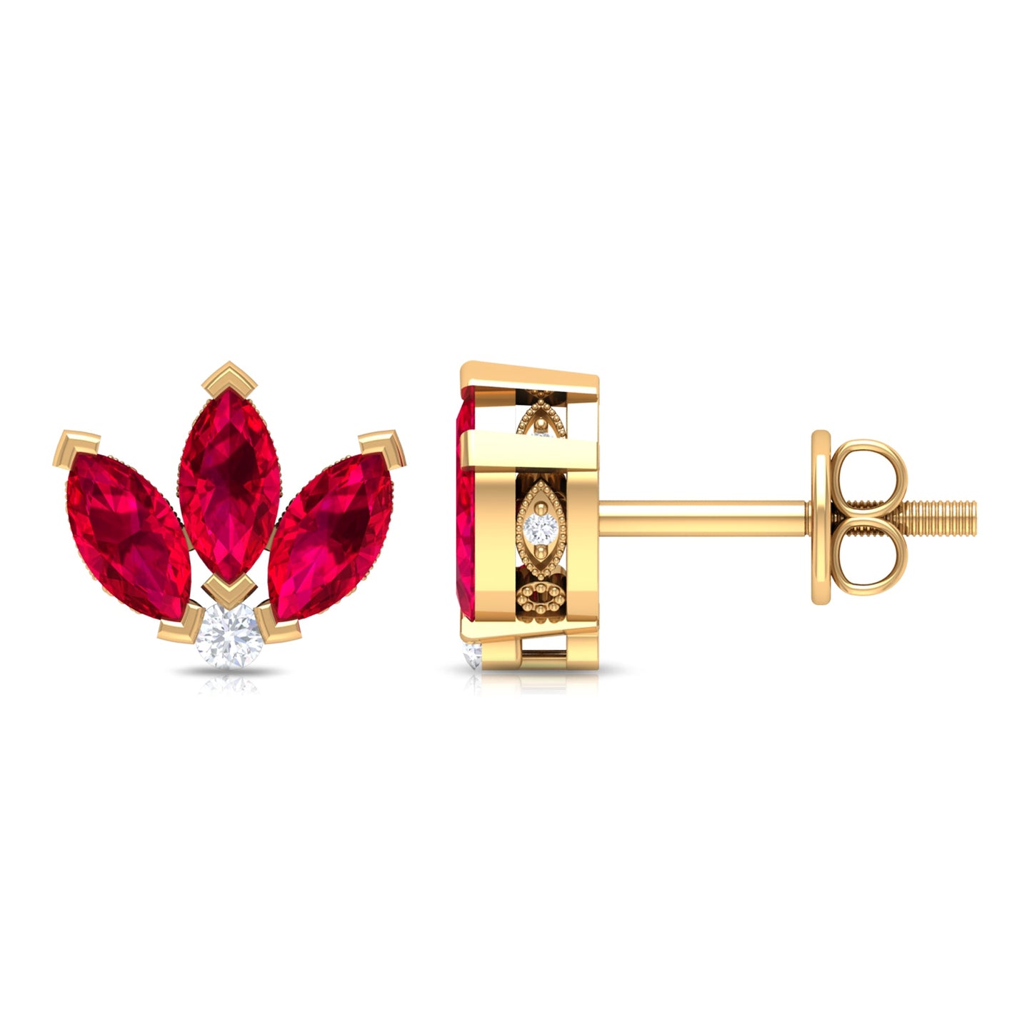 Lab Created Ruby Lotus Stud Earrings with Diamond
