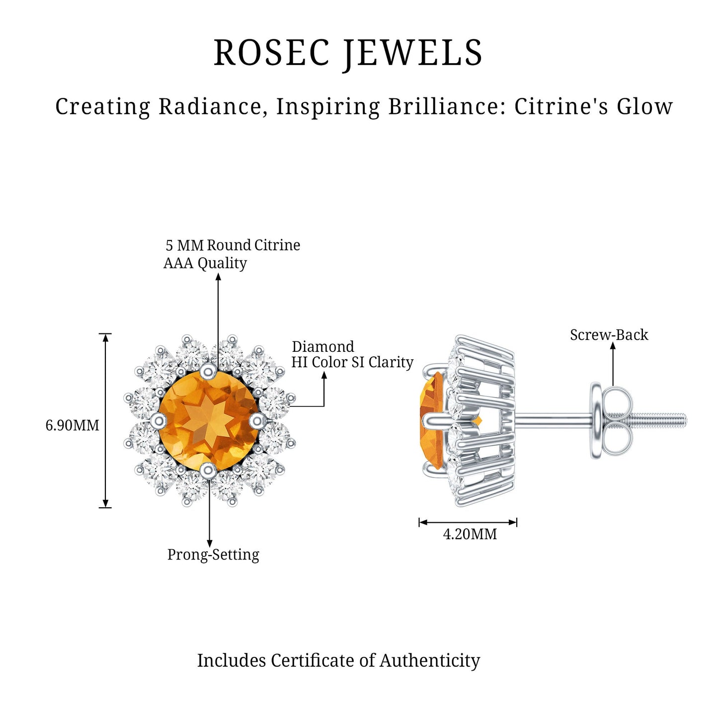 Genuine Citrine Diamond Earrings with Screw Back