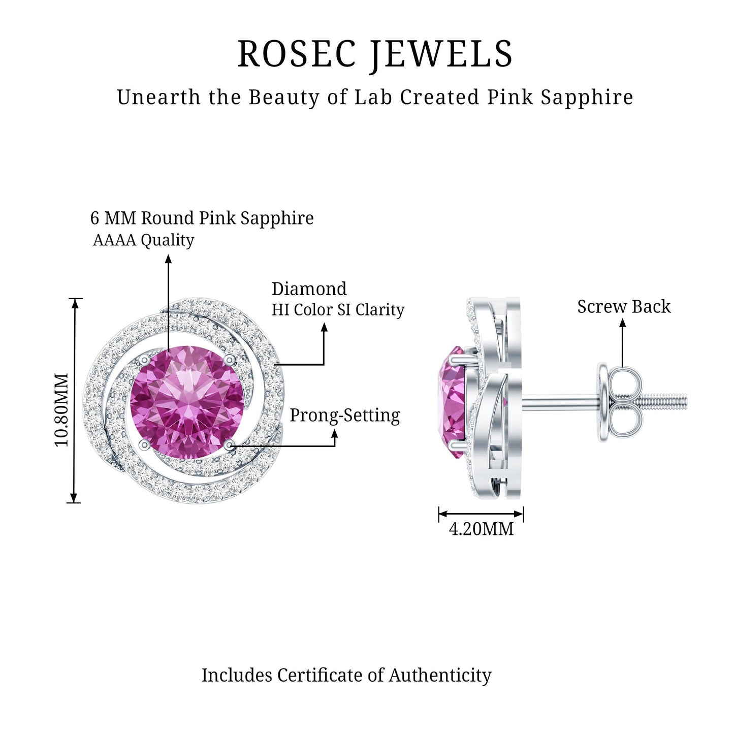 2 Carat Lab Created Pink Sapphire and Diamond Swirl Stud Earrings