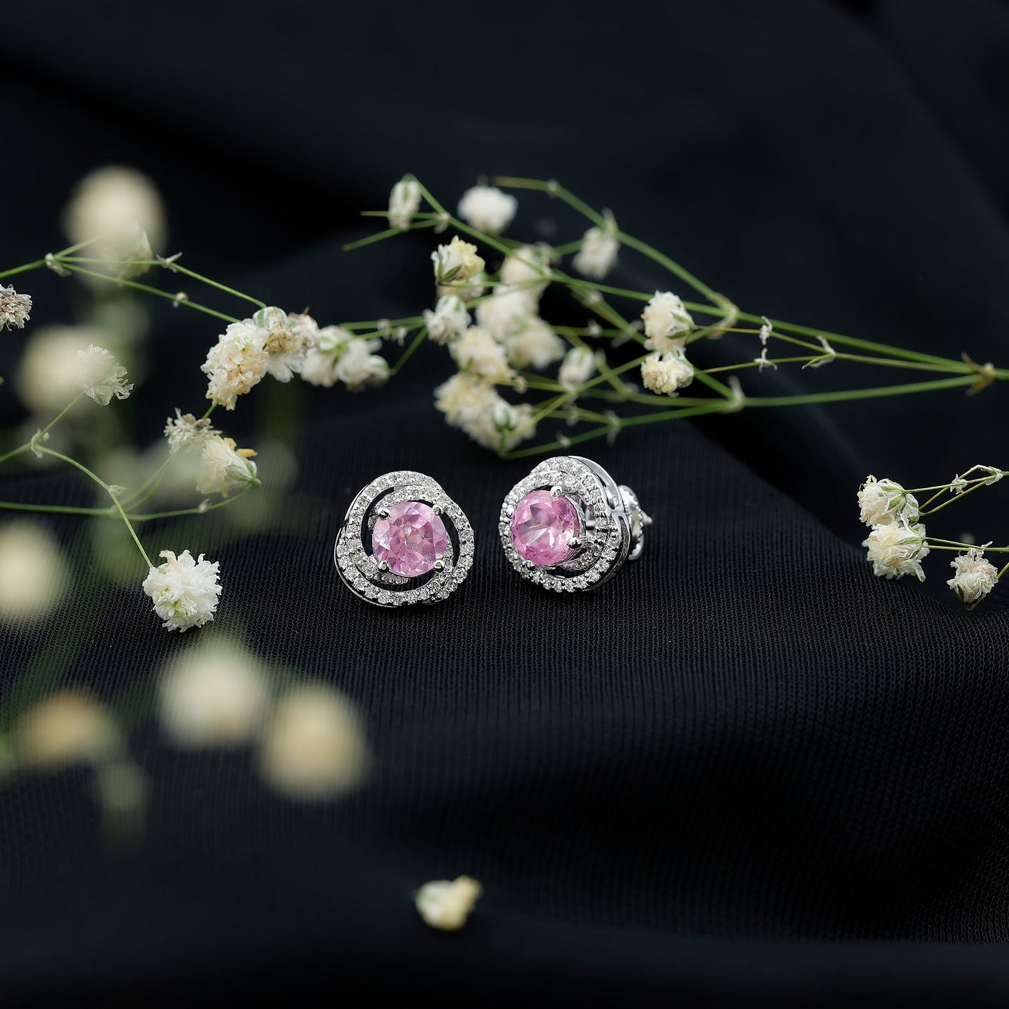 2 Carat Lab Created Pink Sapphire and Diamond Swirl Stud Earrings