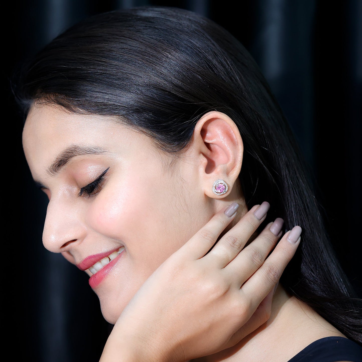 2 Carat Lab Created Pink Sapphire and Diamond Swirl Stud Earrings