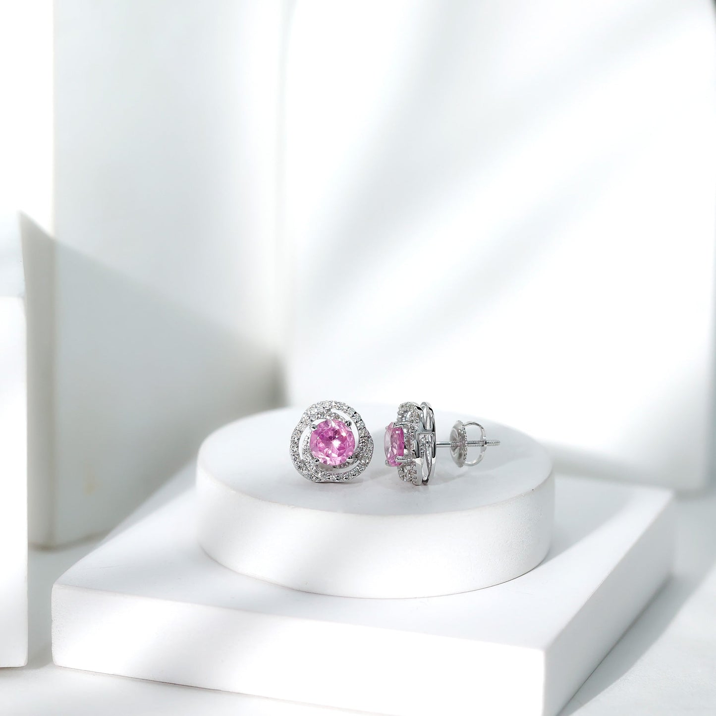 2 Carat Lab Created Pink Sapphire and Diamond Swirl Stud Earrings