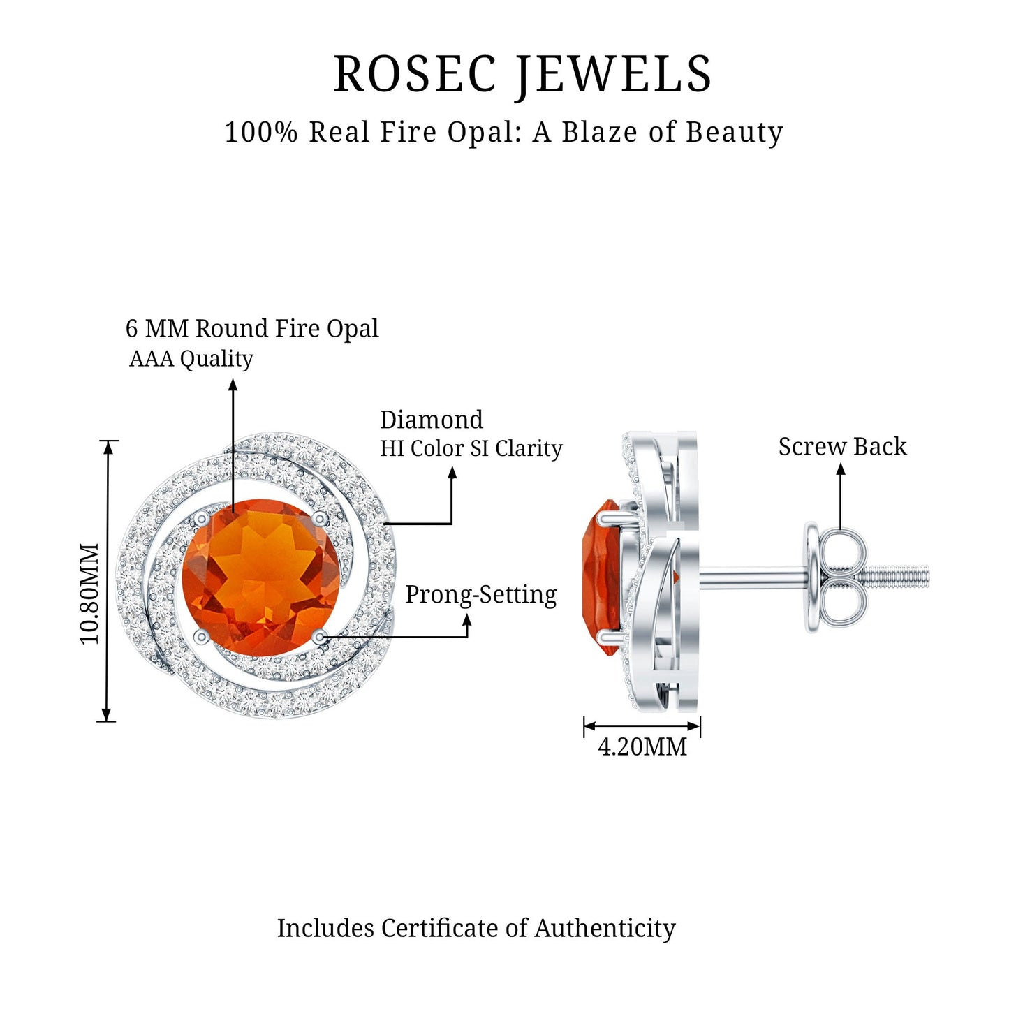 Real Fire Opal and Diamond Big Stud Earrings