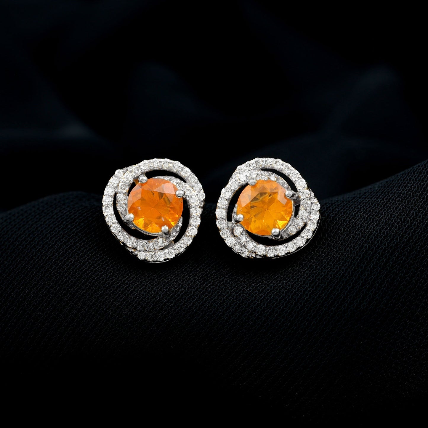 Real Fire Opal and Diamond Big Stud Earrings