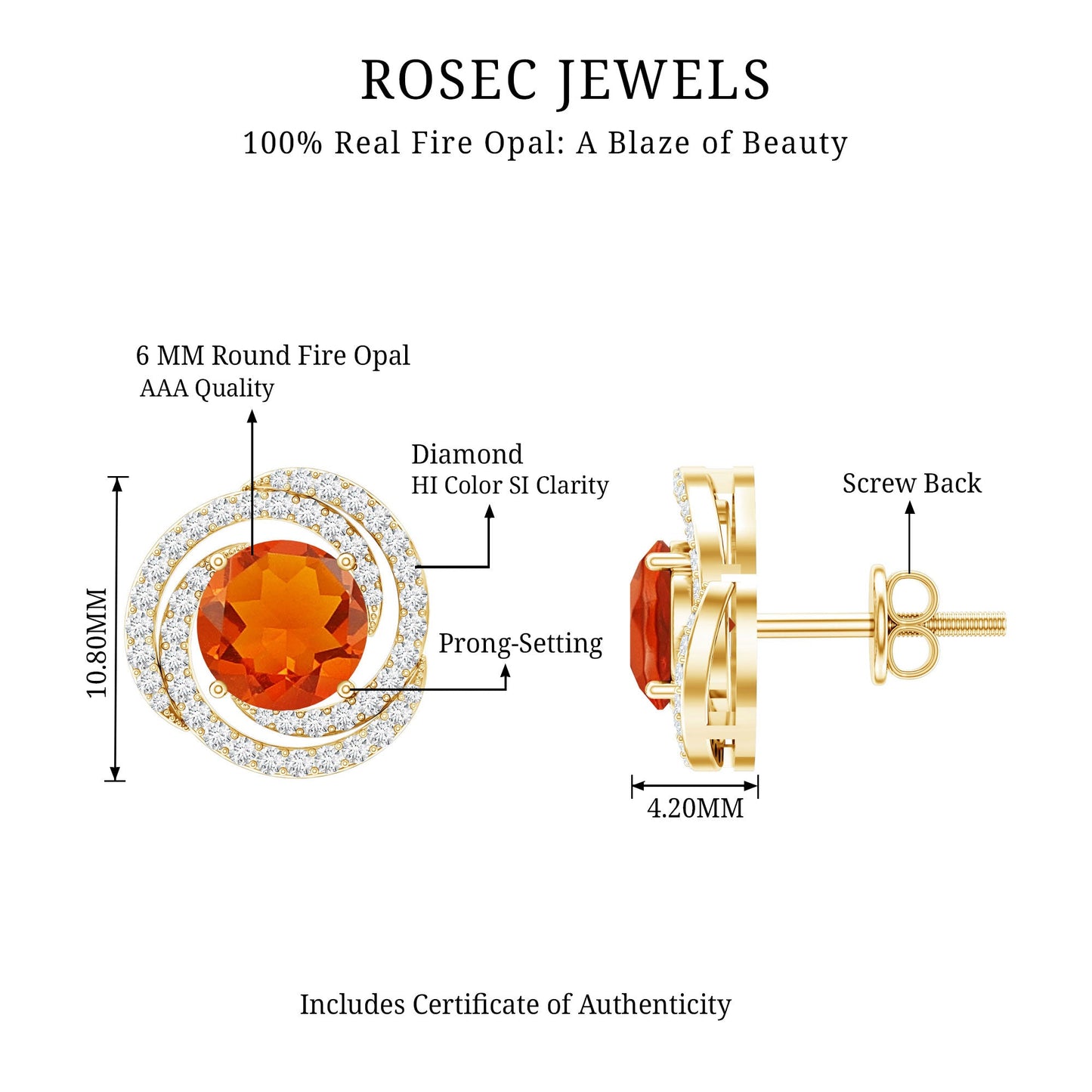 Real Fire Opal and Diamond Big Stud Earrings