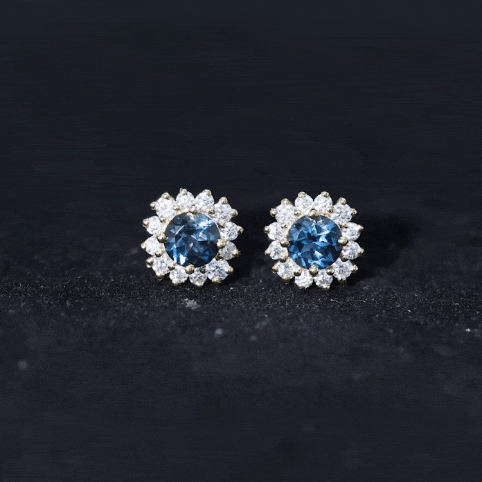 Real London Blue Topaz and Diamond Halo Stud Earrings