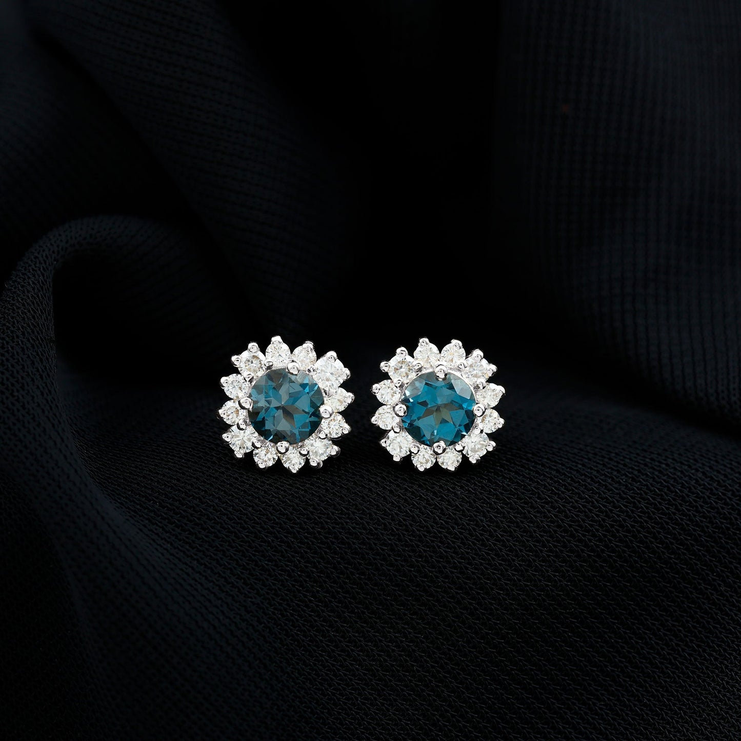 Real London Blue Topaz and Diamond Halo Stud Earrings